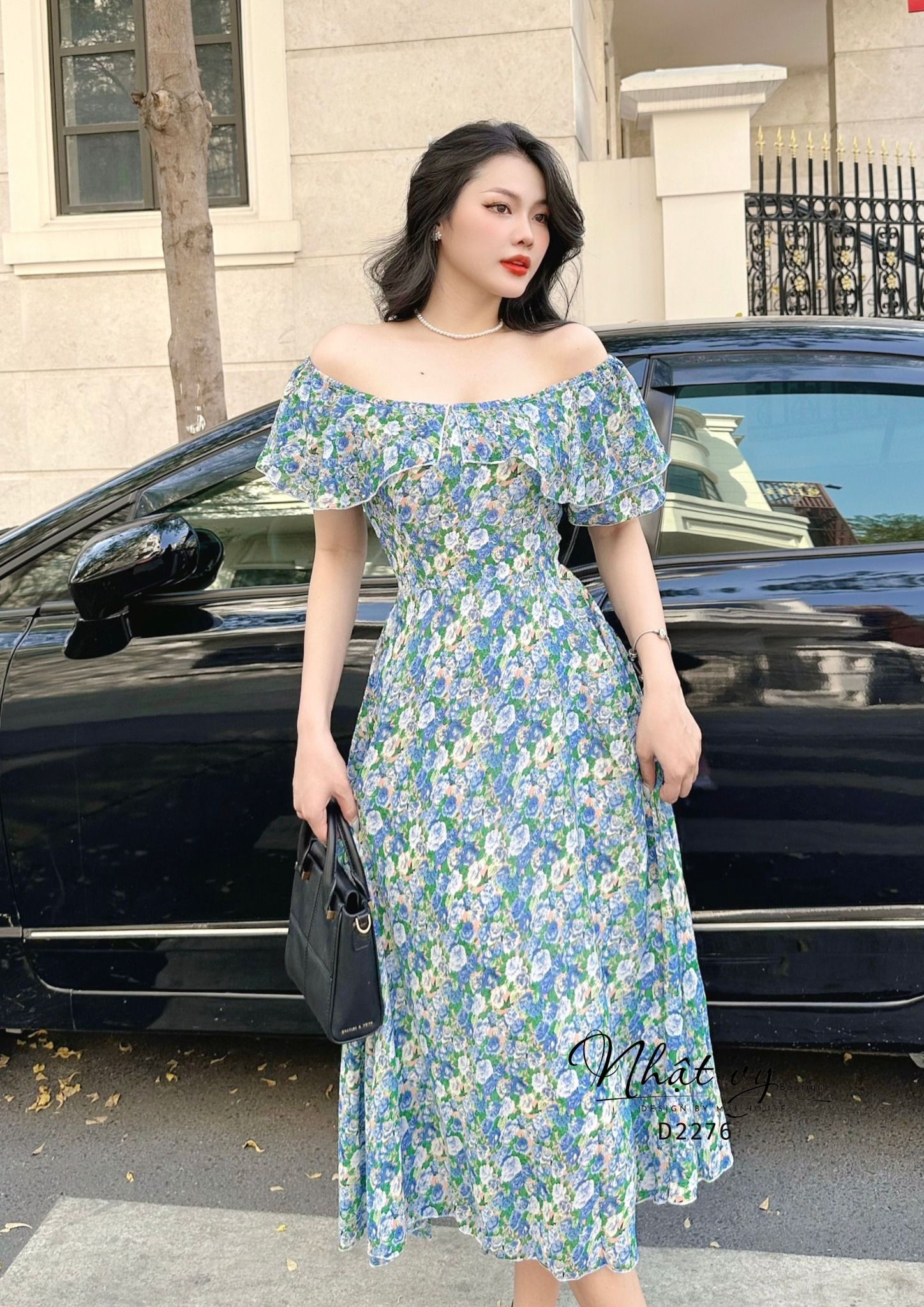 Đầm hoa dáng xòe bo thun vai ngực phối bèo kiểu - D2276