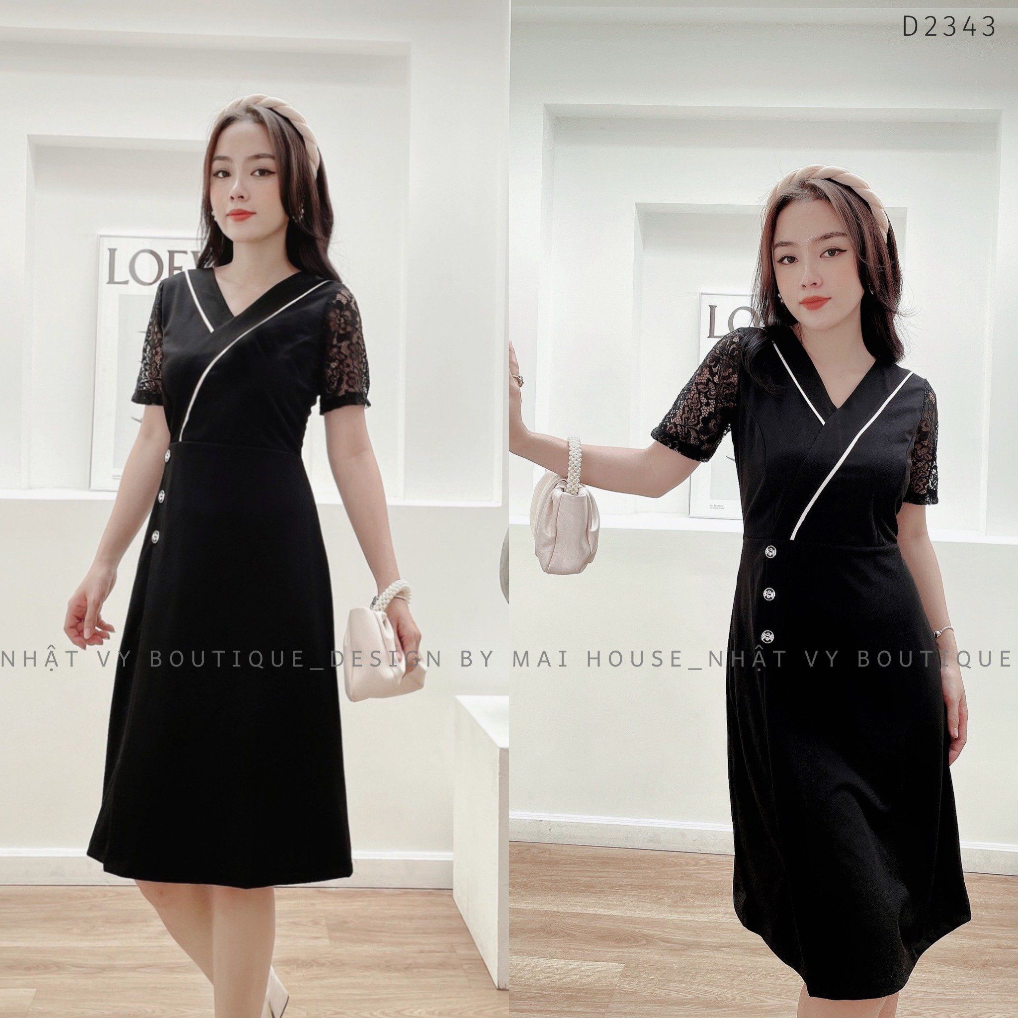 Đầm Váy Dự Tiệc MAIHOUSE BIGSIZE Cổ Chữ V Viền Trắng Tay Phối Ren Vải Thun Màu Đen - D2343