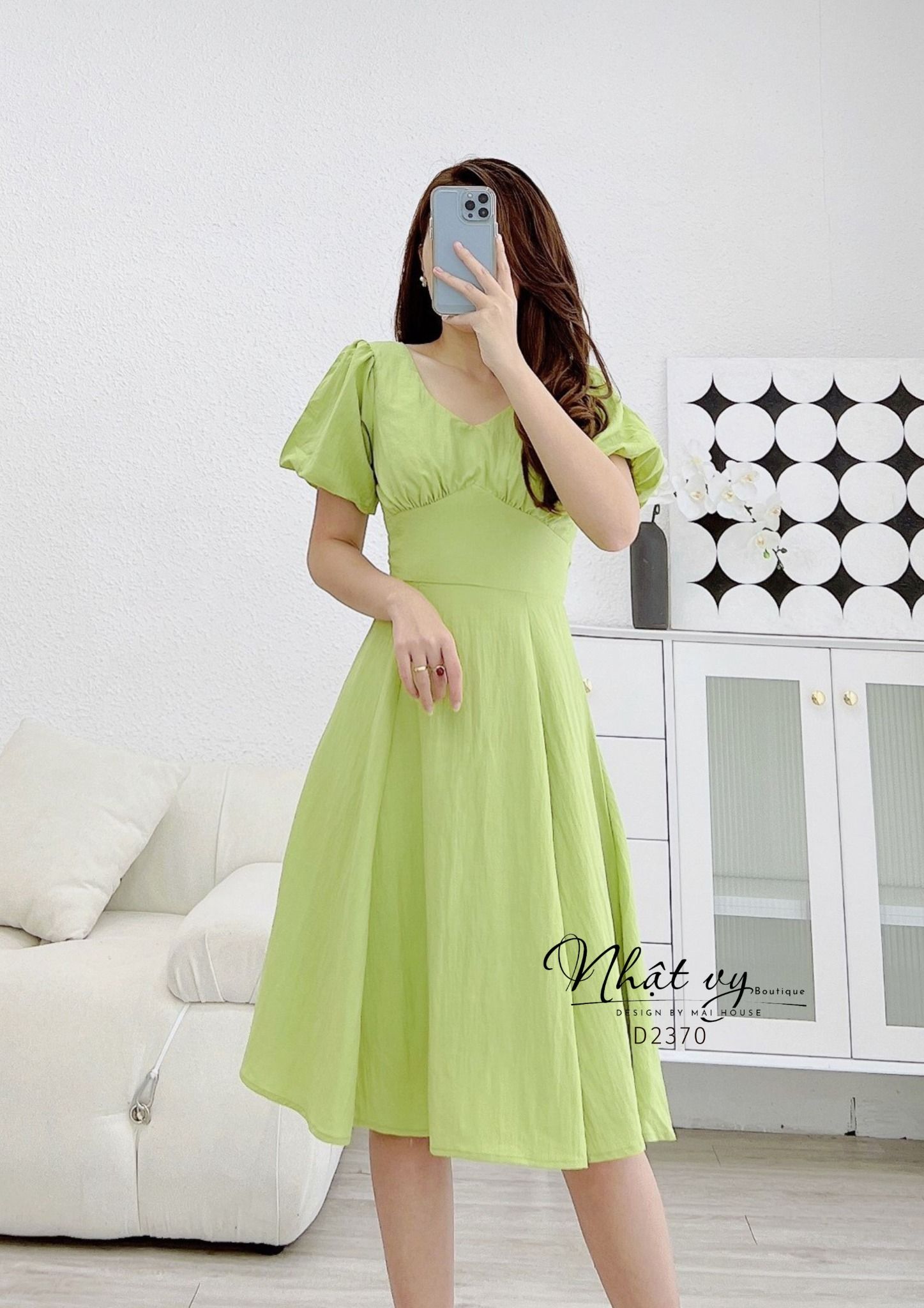 Đầm cổ tim nhún ngực tay phồng dáng xoè - D2370
