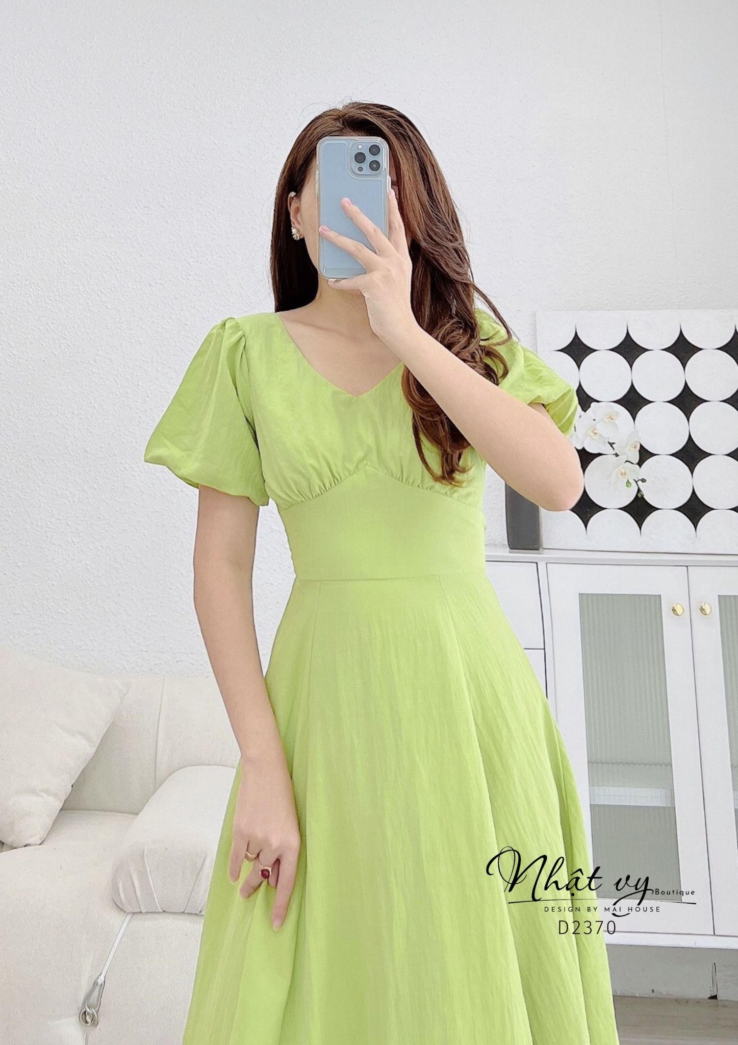 Đầm cổ tim nhún ngực tay phồng dáng xoè - D2370