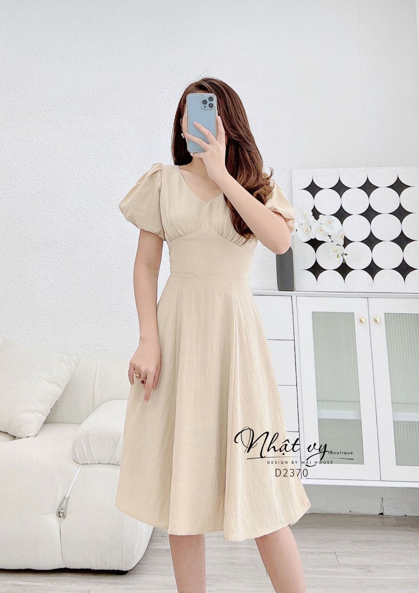 Đầm cổ tim nhún ngực tay phồng dáng xoè - D2370