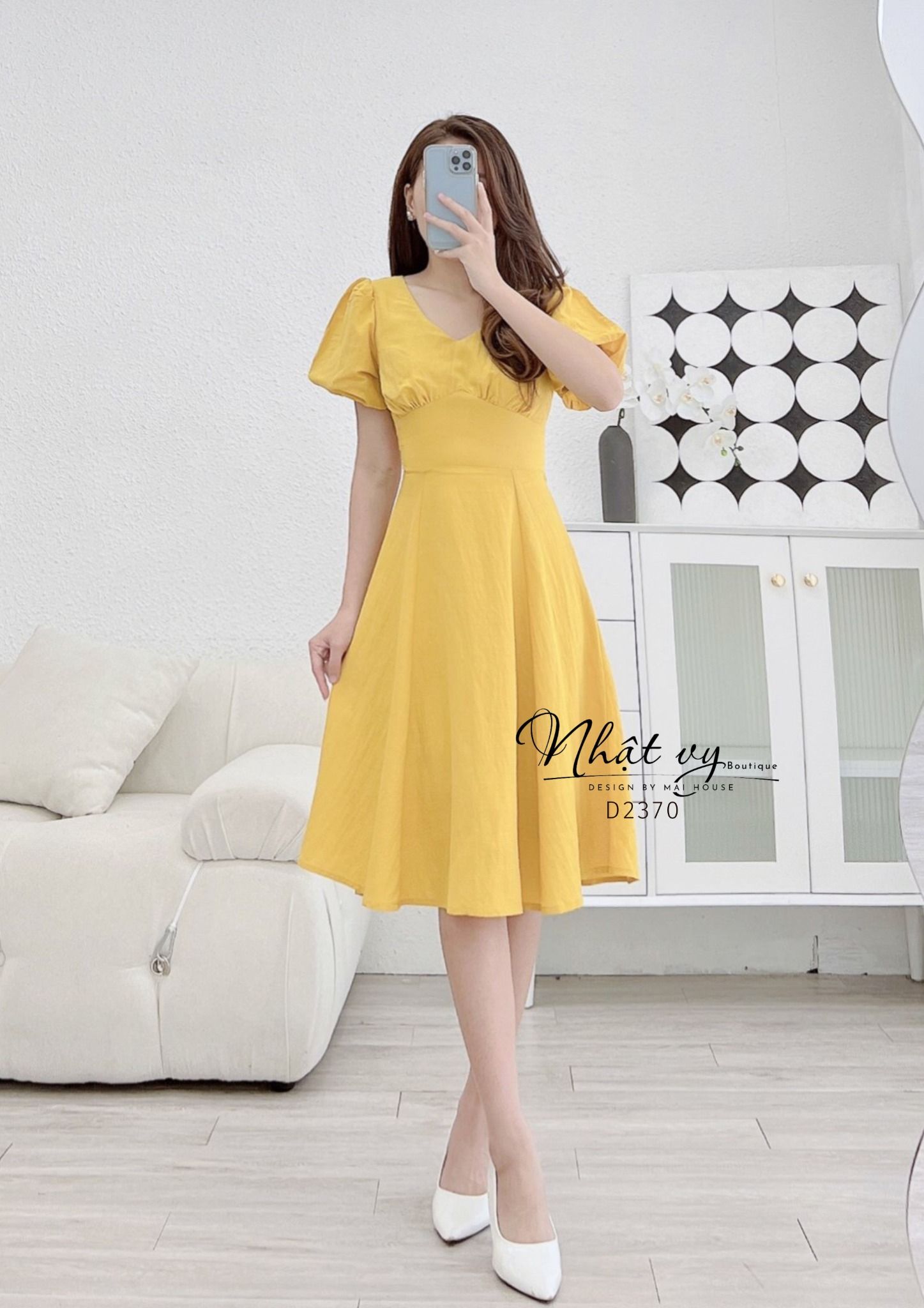 Đầm cổ tim nhún ngực tay phồng dáng xoè - D2370