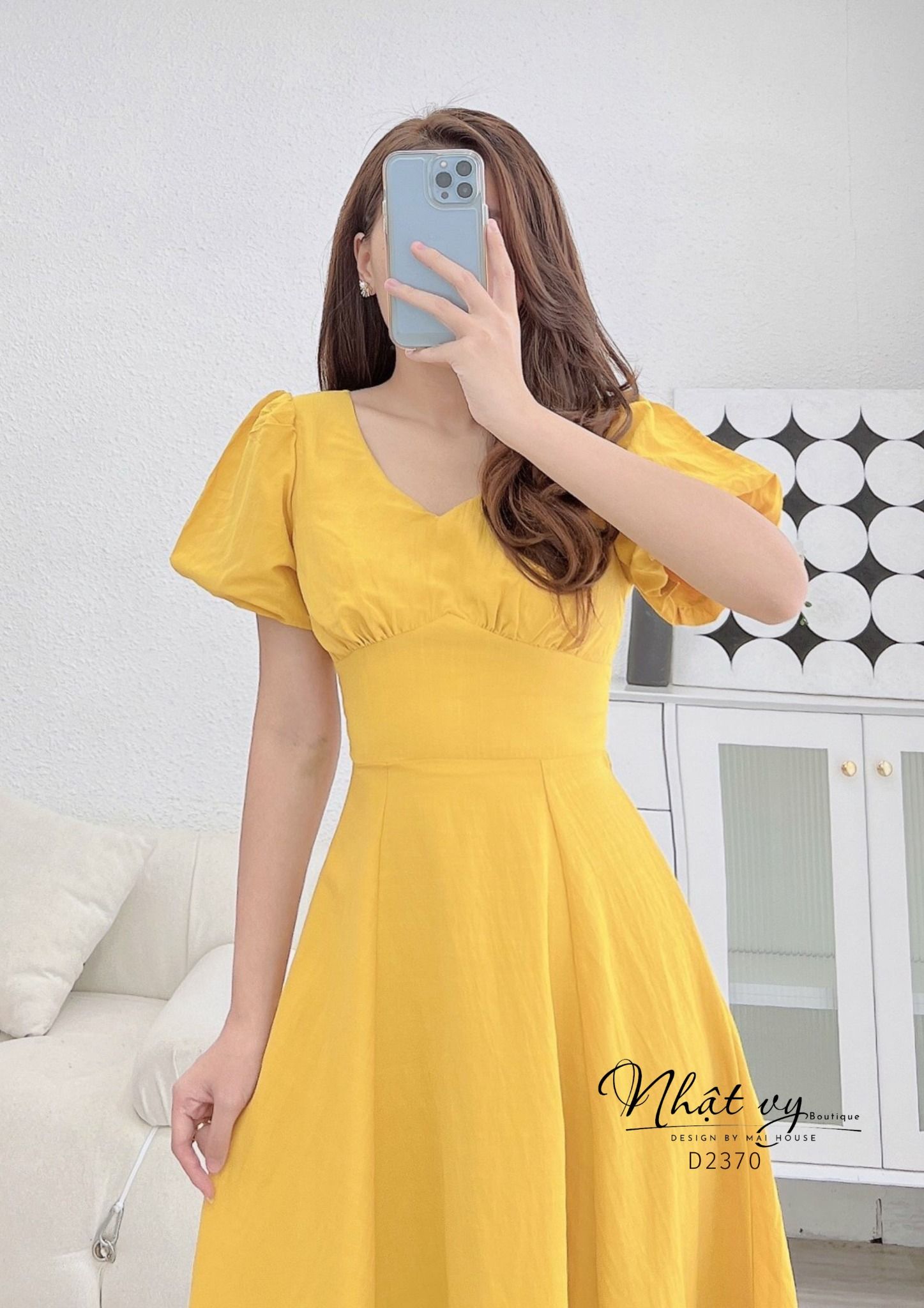 Đầm cổ tim nhún ngực tay phồng dáng xoè - D2370