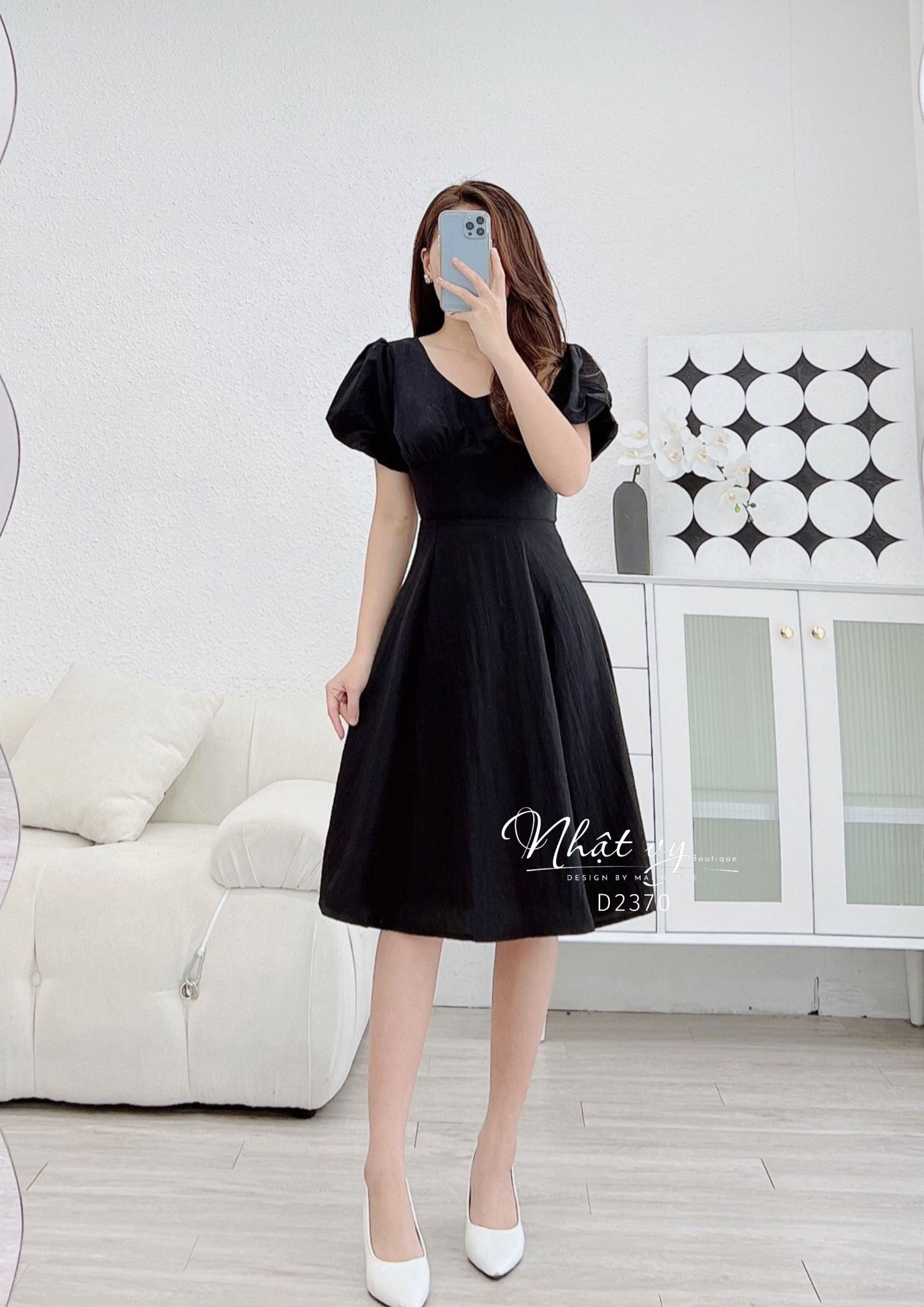 Đầm cổ tim nhún ngực tay phồng dáng xoè - D2370