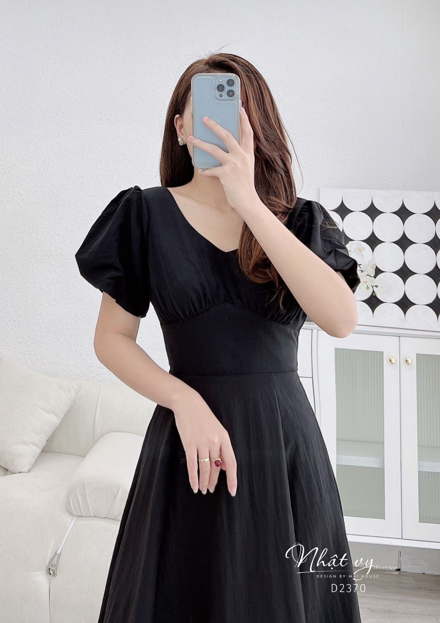Đầm cổ tim nhún ngực tay phồng dáng xoè - D2370