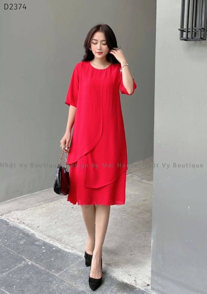 Đầm Váy Dạo Phố MAIHOUSE BIGSIZE Dáng Suông Cổ Tròn Tà Đắp Chéo Tay Lửng Chất Tằm Ý Màu Đen Đỏ - D2374