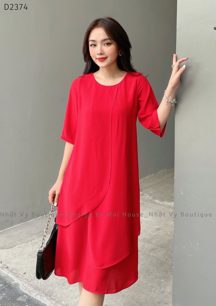 Đầm Váy Dạo Phố MAIHOUSE BIGSIZE Dáng Suông Cổ Tròn Tà Đắp Chéo Tay Lửng Chất Tằm Ý Màu Đen Đỏ - D2374