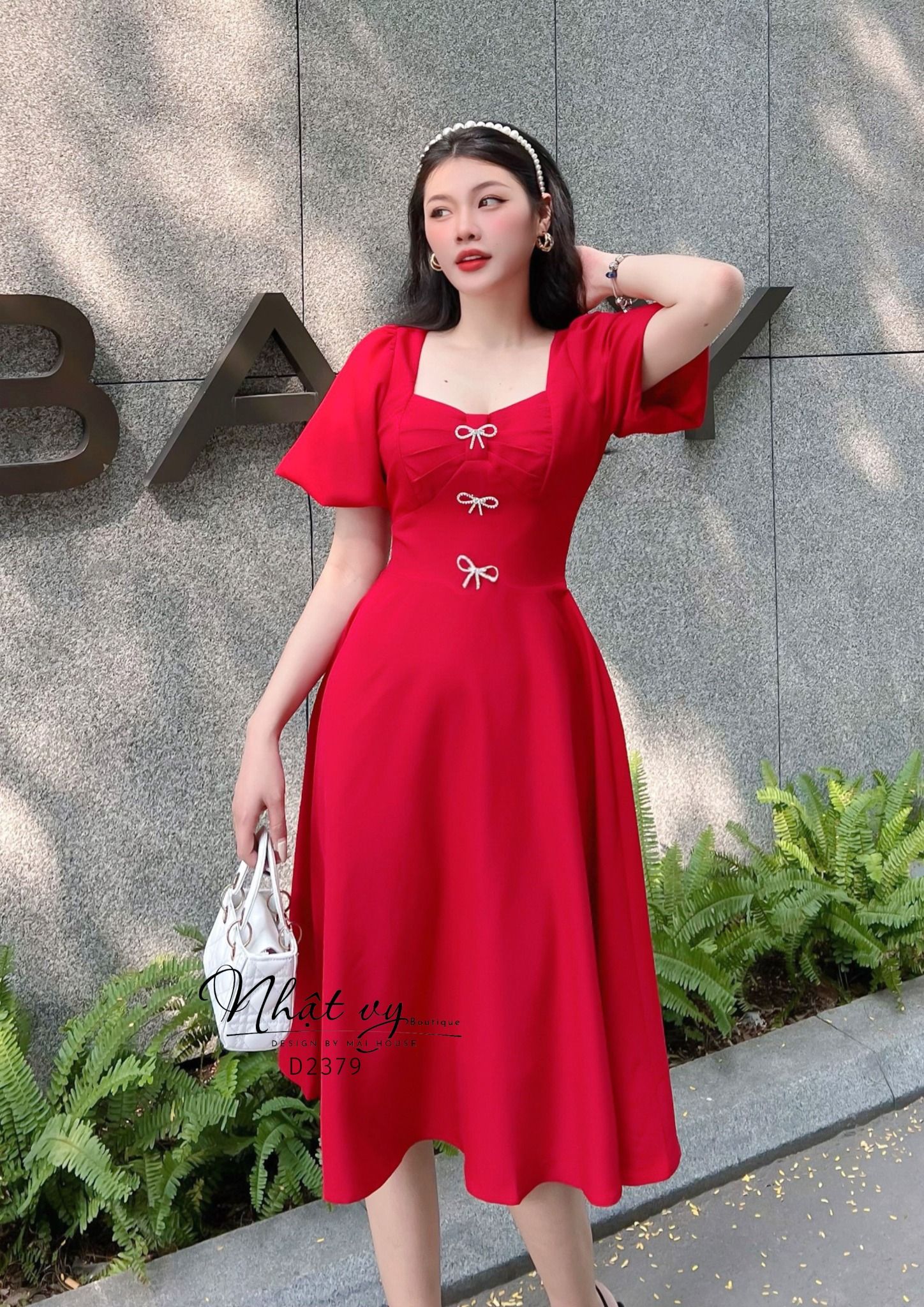 Đầm dáng xòe xếp ly ngực đính nơ tay phồng - D2379