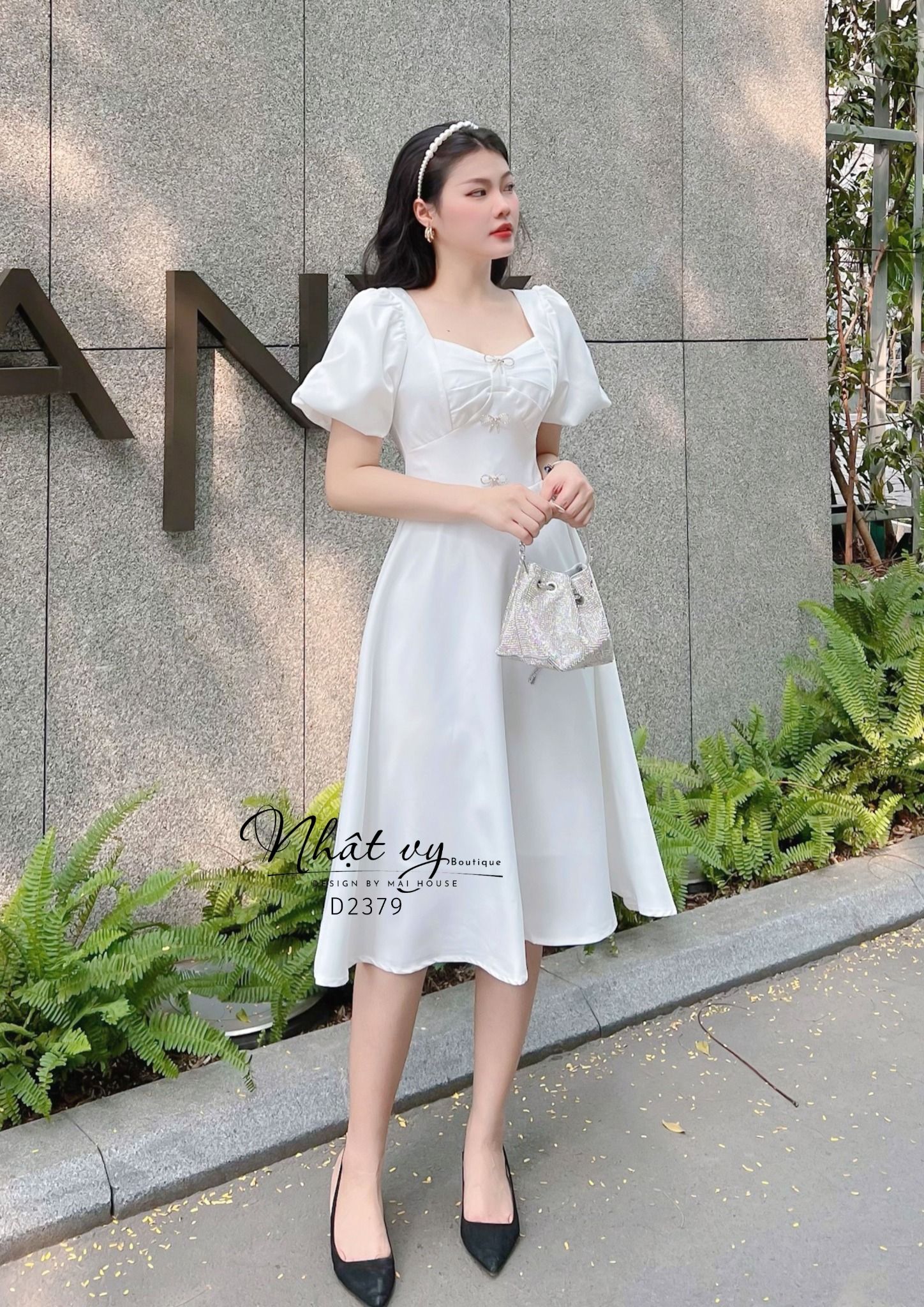 Đầm dáng xòe xếp ly ngực đính nơ tay phồng - D2379
