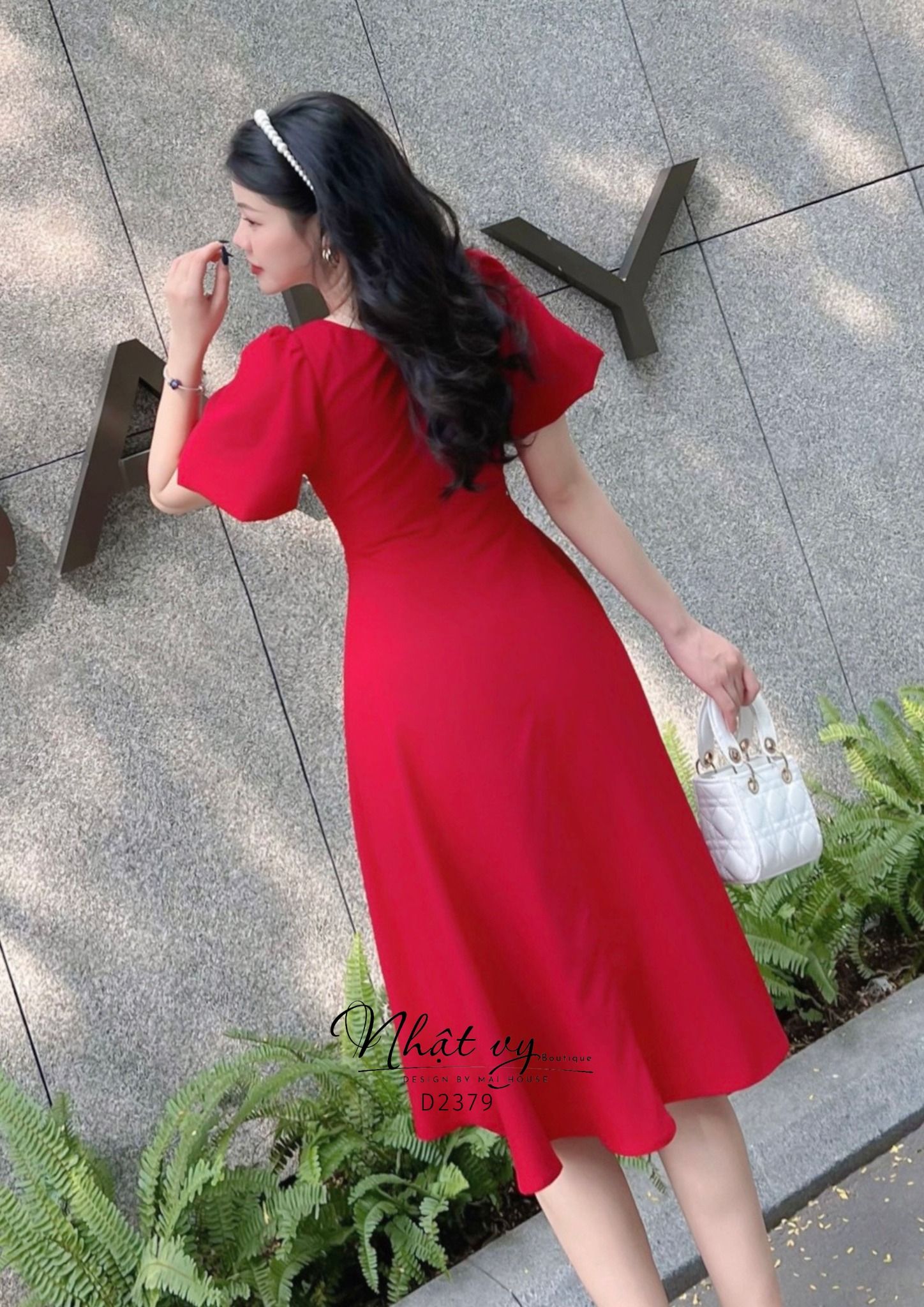 Đầm dáng xòe xếp ly ngực đính nơ tay phồng - D2379