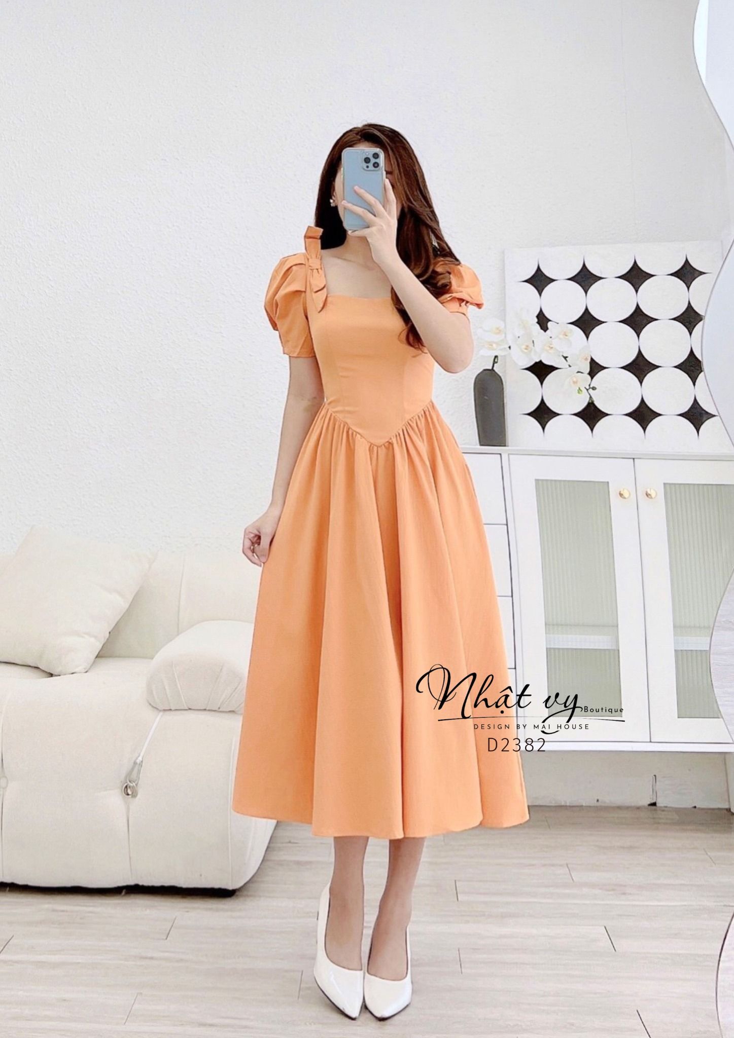 Đầm cổ vuông tay phồng đính nơ vai - D2382