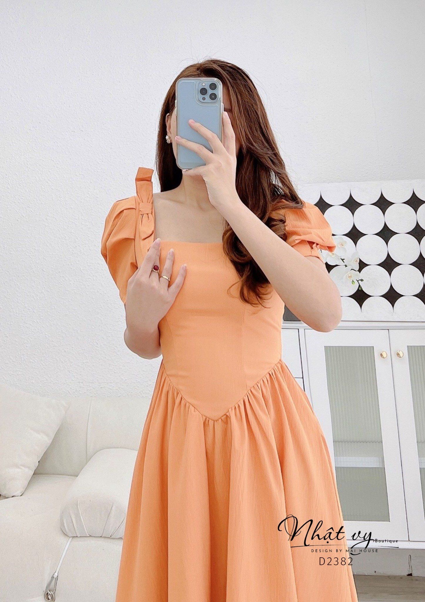Đầm cổ vuông tay phồng đính nơ vai - D2382