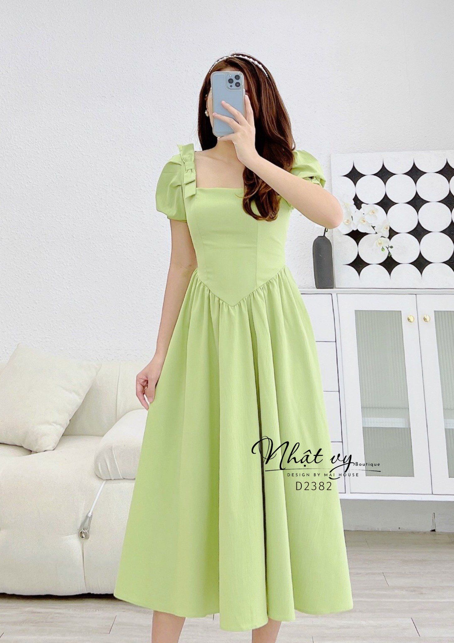 Đầm cổ vuông tay phồng đính nơ vai - D2382