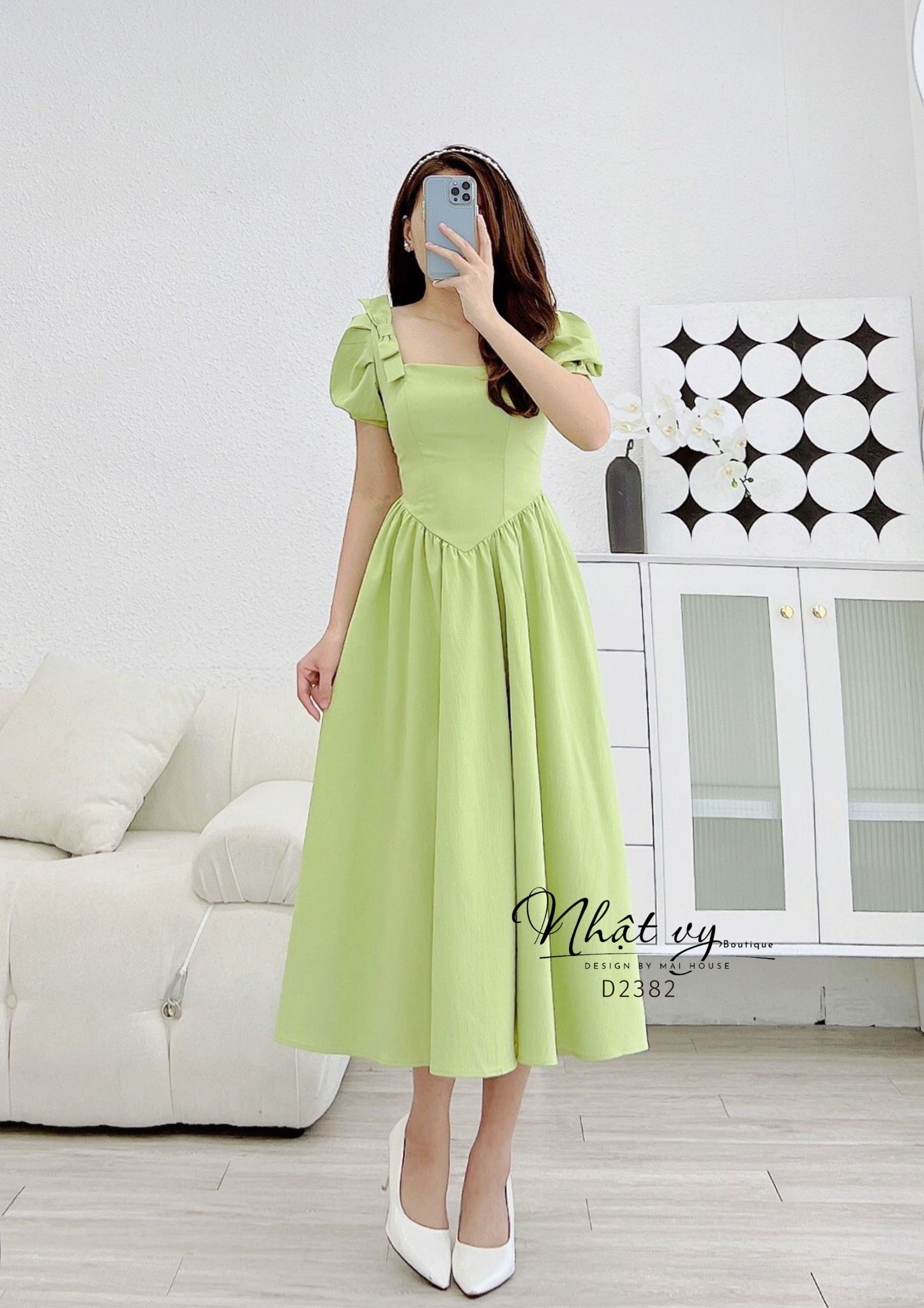 Đầm cổ vuông tay phồng đính nơ vai - D2382