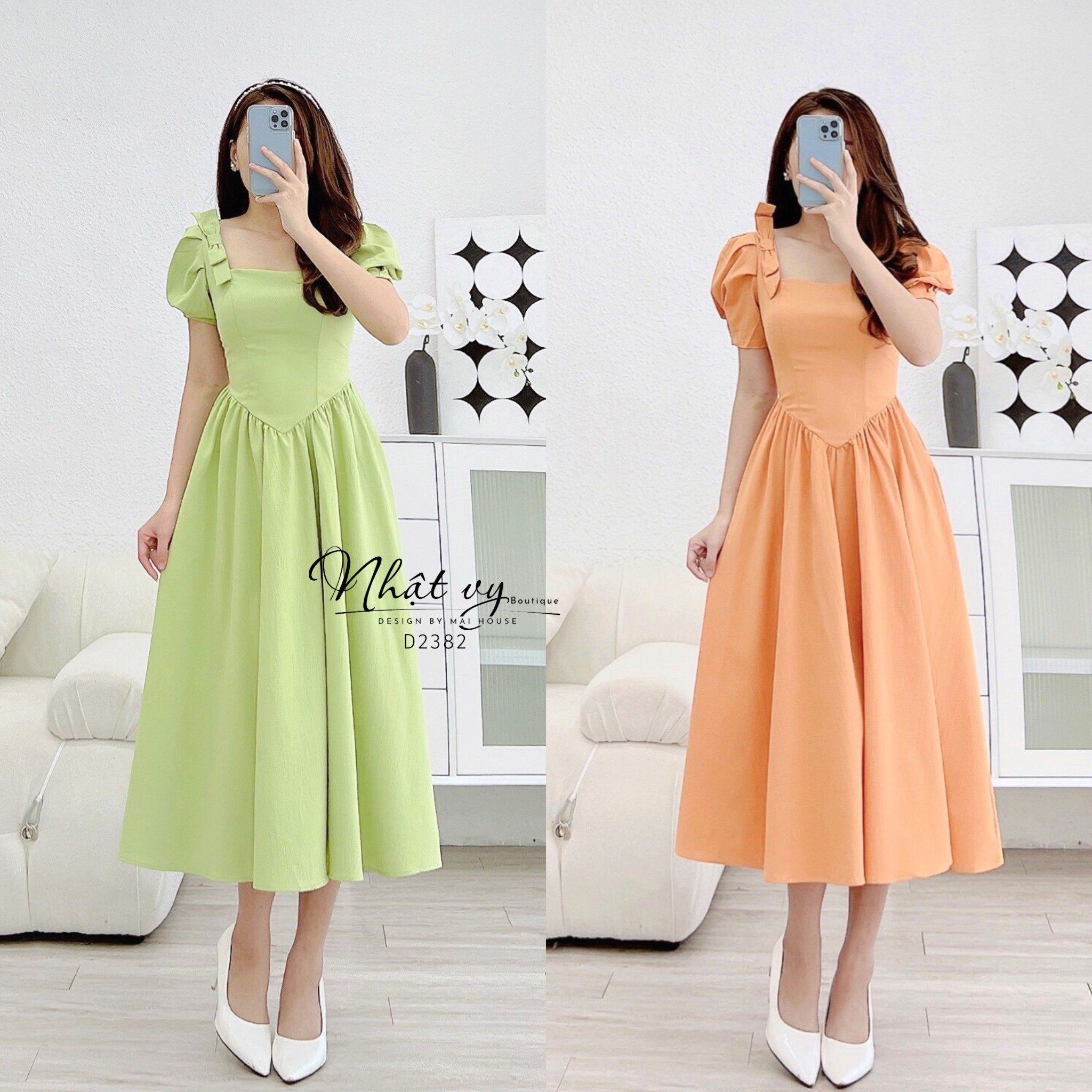 Đầm cổ vuông tay phồng đính nơ vai - D2382