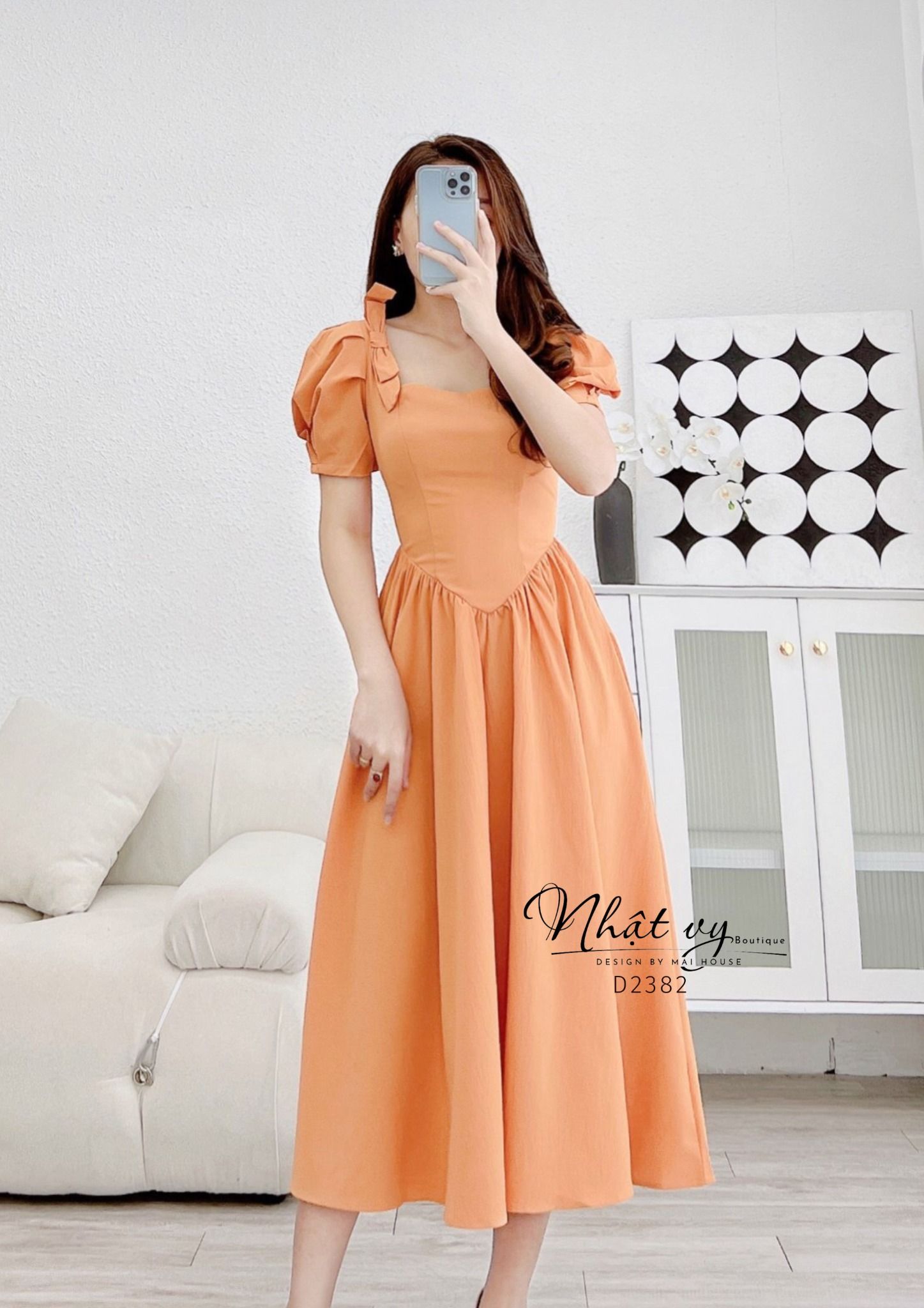 Đầm cổ vuông tay phồng đính nơ vai - D2382