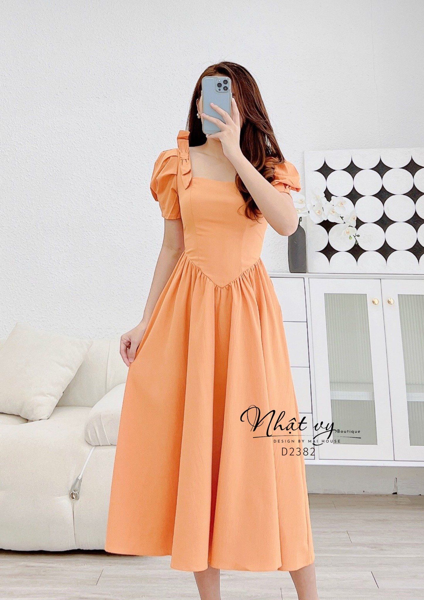 Đầm cổ vuông tay phồng đính nơ vai - D2382