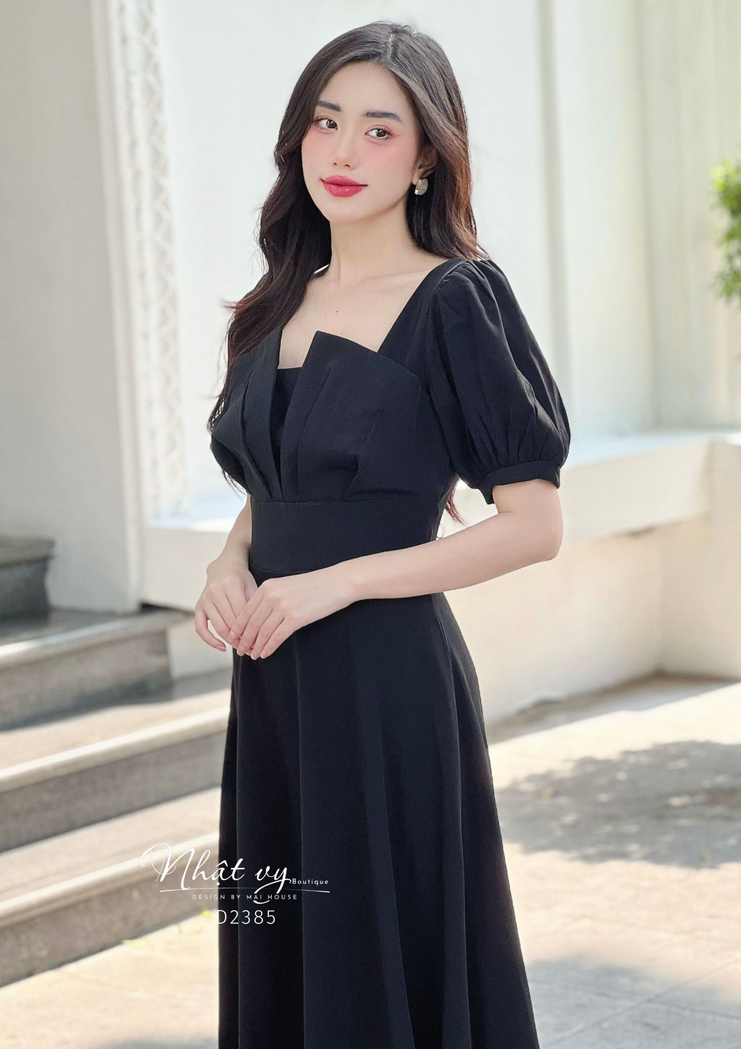 Váy Công Sở NHẬT VY Cổ Vuông Tay Phồng Chất Cotton Hàn Quốc Màu Kem, Đen, Đỏ - D2385