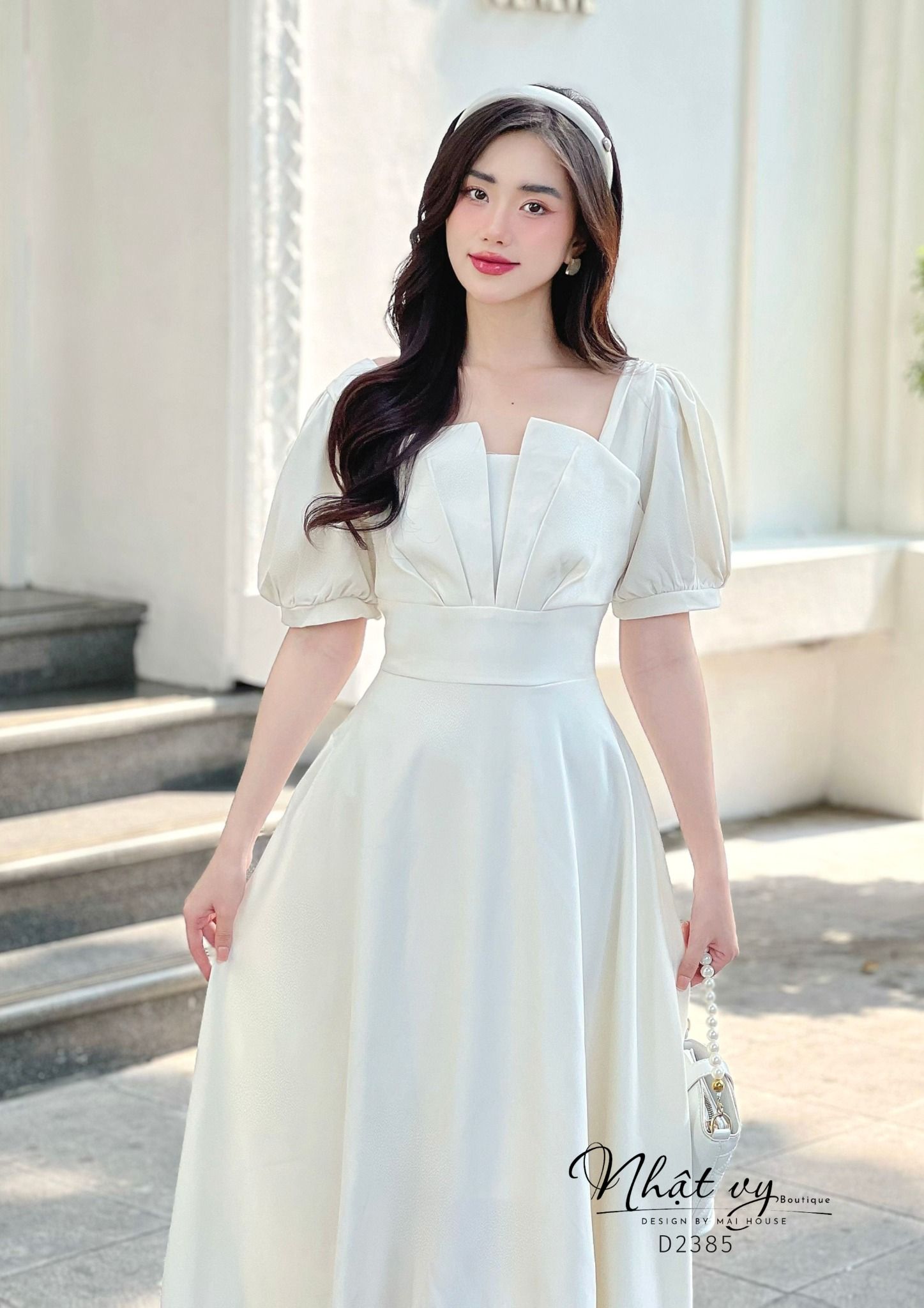 Váy Công Sở NHẬT VY Cổ Vuông Tay Phồng Chất Cotton Hàn Quốc Màu Kem, Đen, Đỏ - D2385