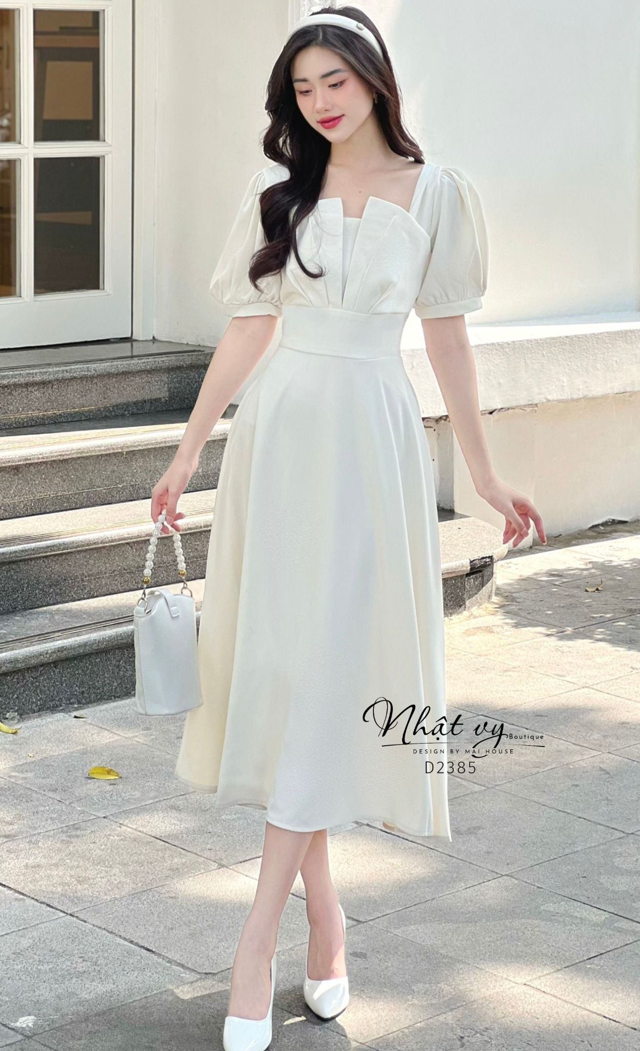 Váy Công Sở NHẬT VY Cổ Vuông Tay Phồng Chất Cotton Hàn Quốc Màu Kem, Đen, Đỏ - D2385