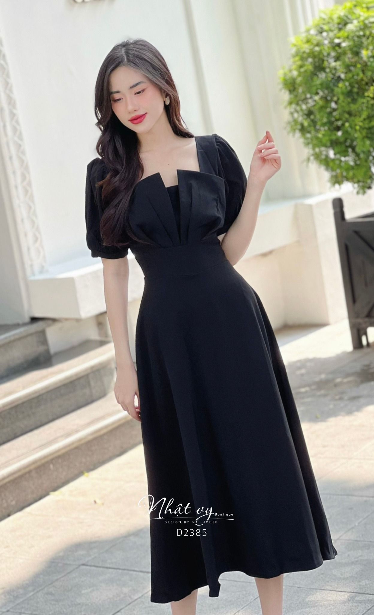 Váy Công Sở NHẬT VY Cổ Vuông Tay Phồng Chất Cotton Hàn Quốc Màu Kem, Đen, Đỏ - D2385