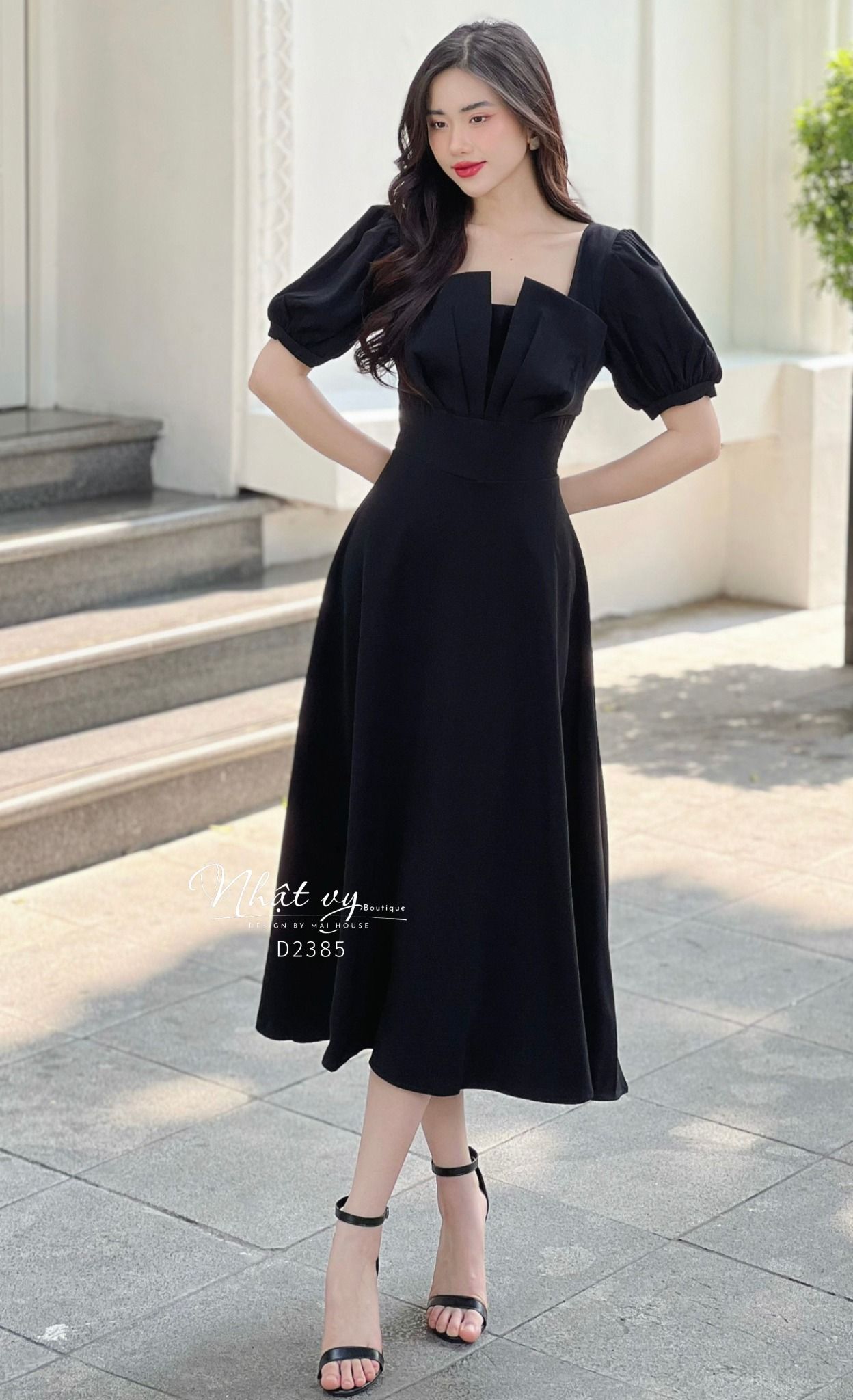 Váy Công Sở NHẬT VY Cổ Vuông Tay Phồng Chất Cotton Hàn Quốc Màu Kem, Đen, Đỏ - D2385