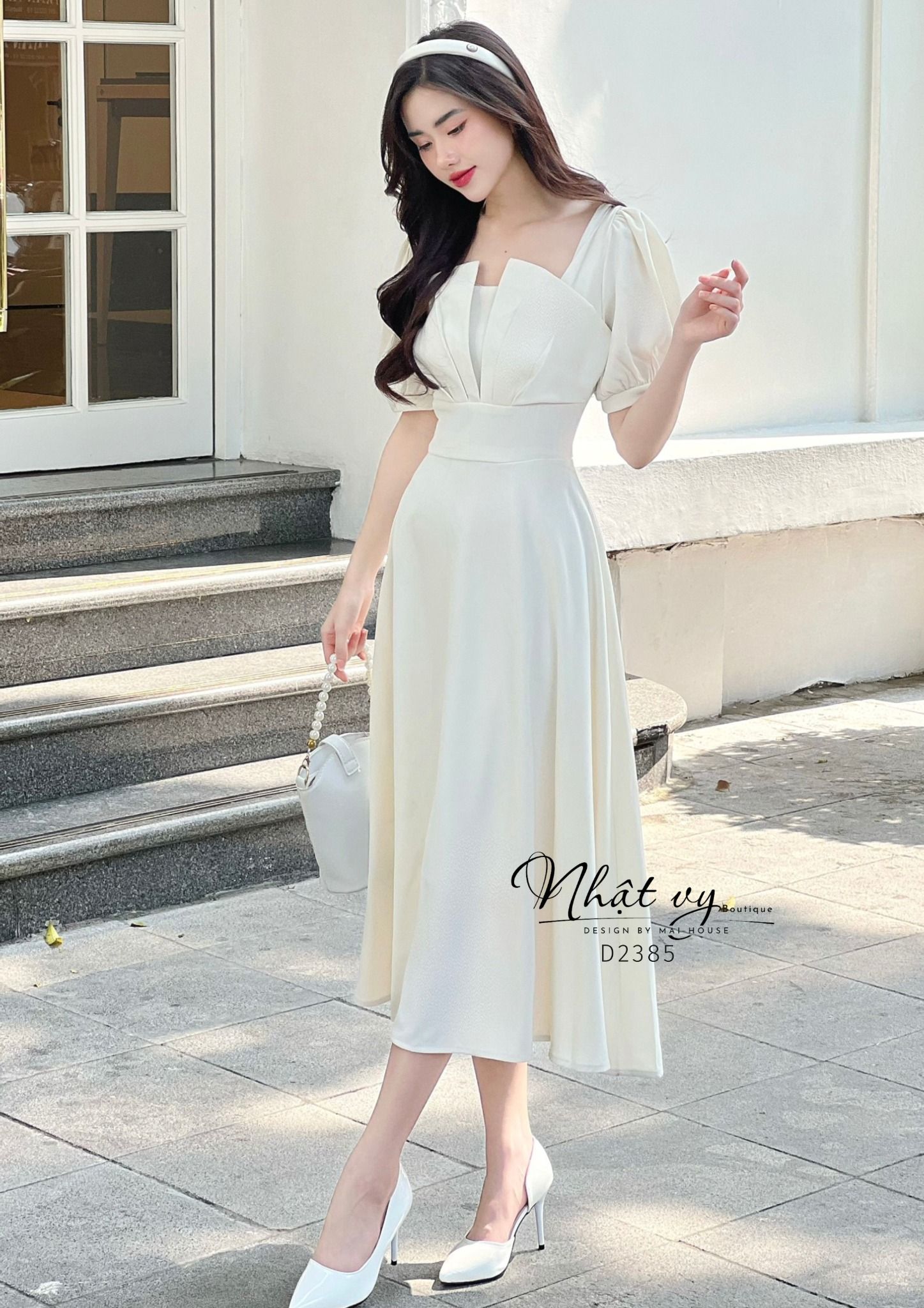 Váy Công Sở NHẬT VY Cổ Vuông Tay Phồng Chất Cotton Hàn Quốc Màu Kem, Đen, Đỏ - D2385