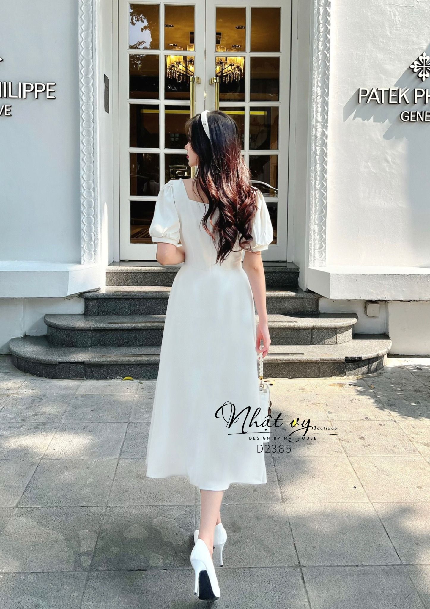 Váy Công Sở NHẬT VY Cổ Vuông Tay Phồng Chất Cotton Hàn Quốc Màu Kem, Đen, Đỏ - D2385
