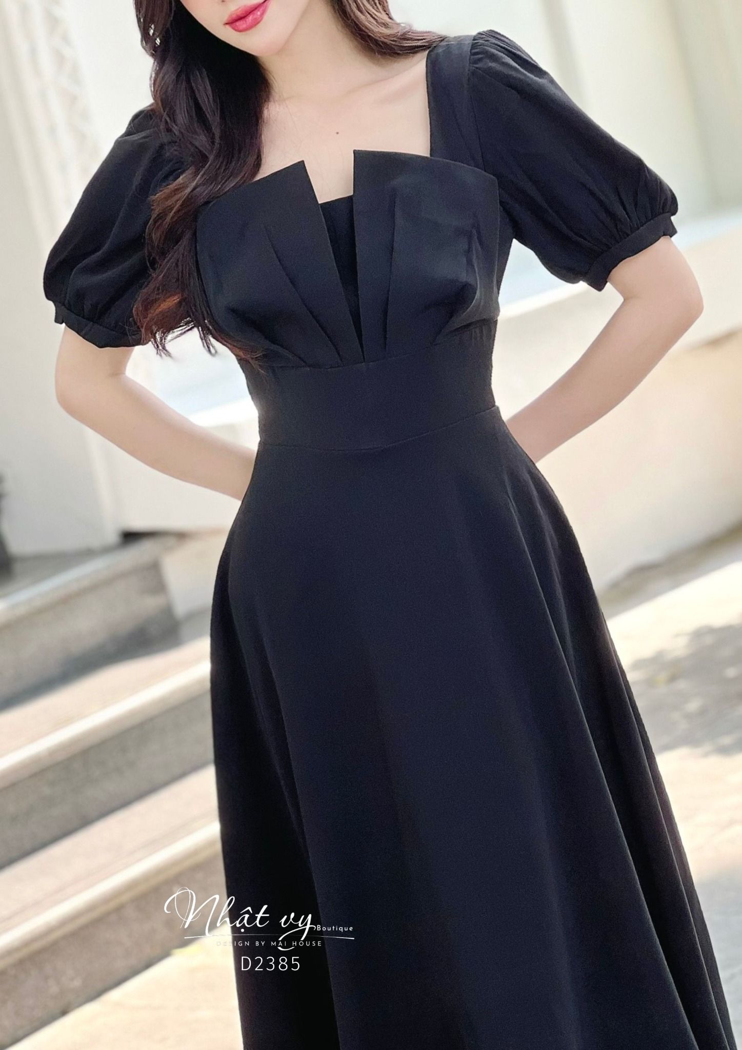 Váy Công Sở NHẬT VY Cổ Vuông Tay Phồng Chất Cotton Hàn Quốc Màu Kem, Đen, Đỏ - D2385