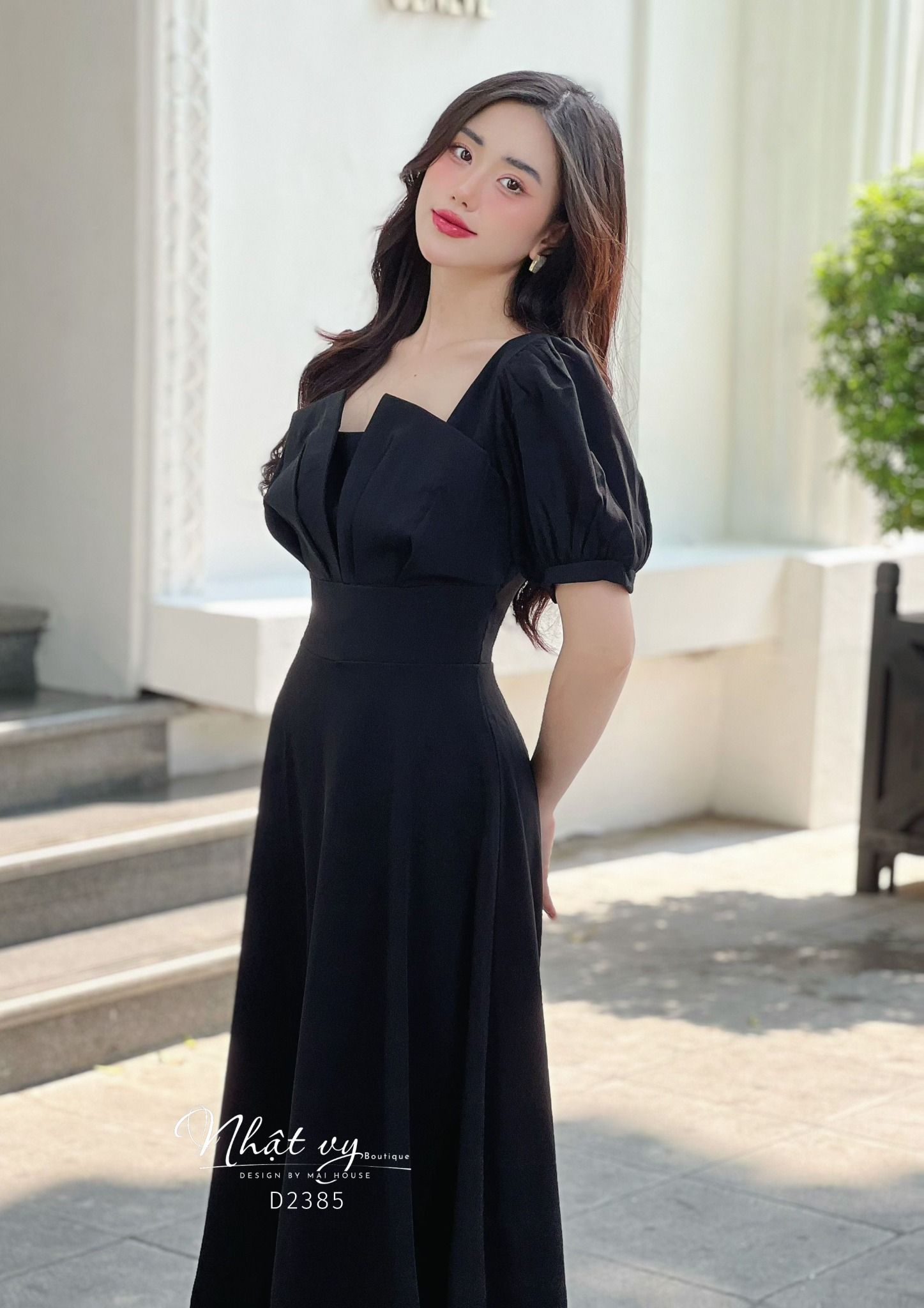 Váy Công Sở NHẬT VY Cổ Vuông Tay Phồng Chất Cotton Hàn Quốc Màu Kem, Đen, Đỏ - D2385