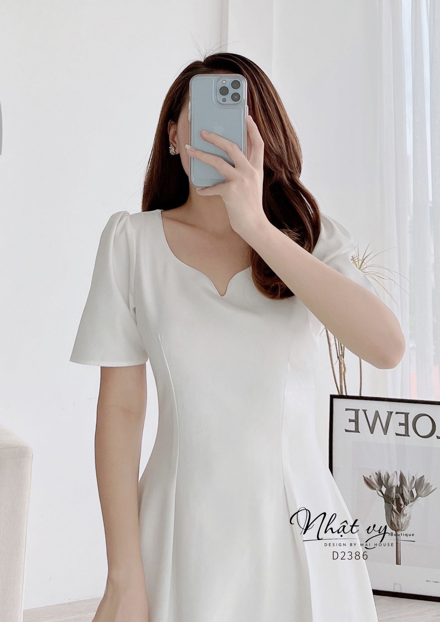 Đầm dáng xoè cổ cách điệu chiết eo tay - D2386