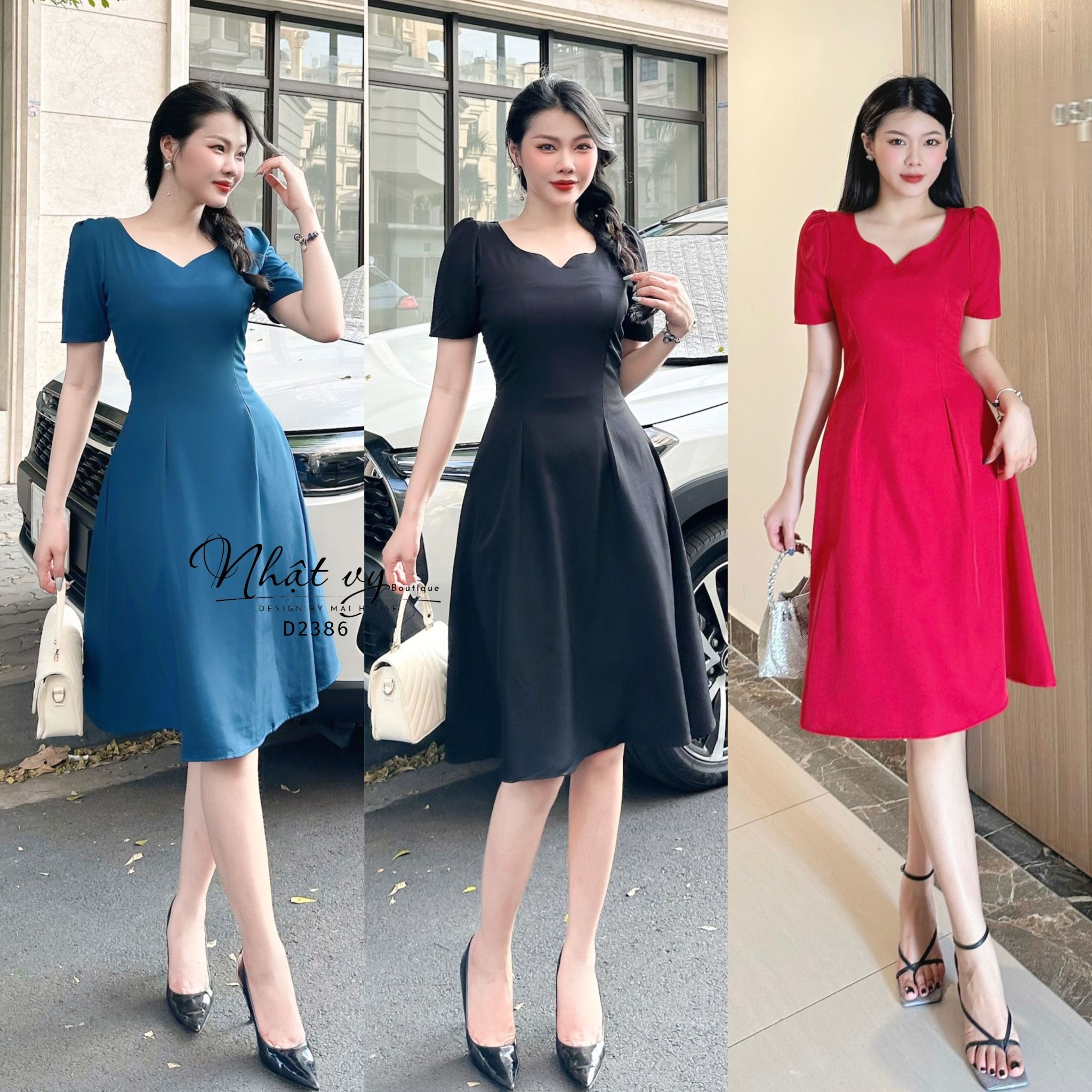 Đầm dáng xoè cổ cách điệu chiết eo tay - D2386