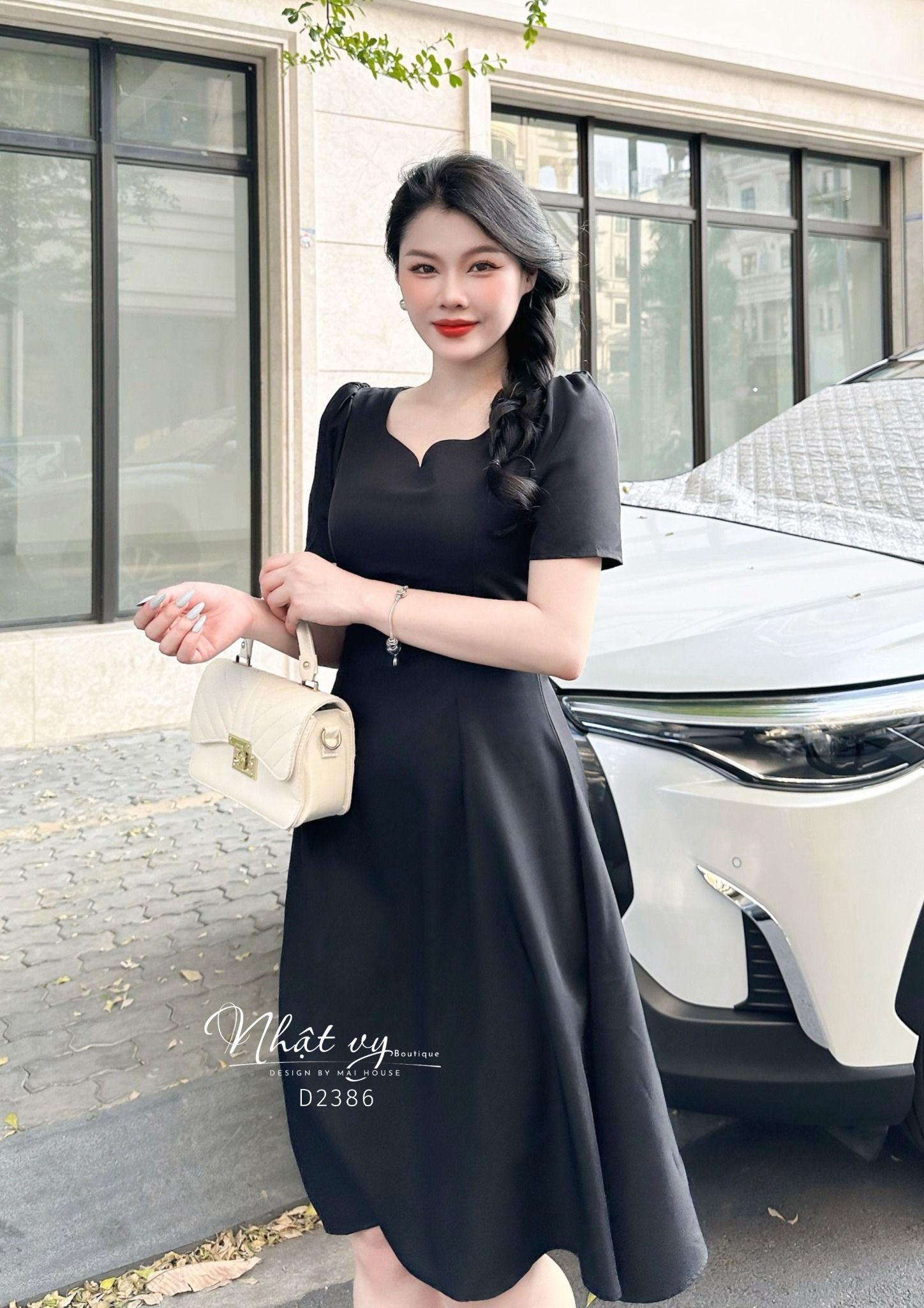Đầm dáng xoè cổ cách điệu chiết eo tay - D2386