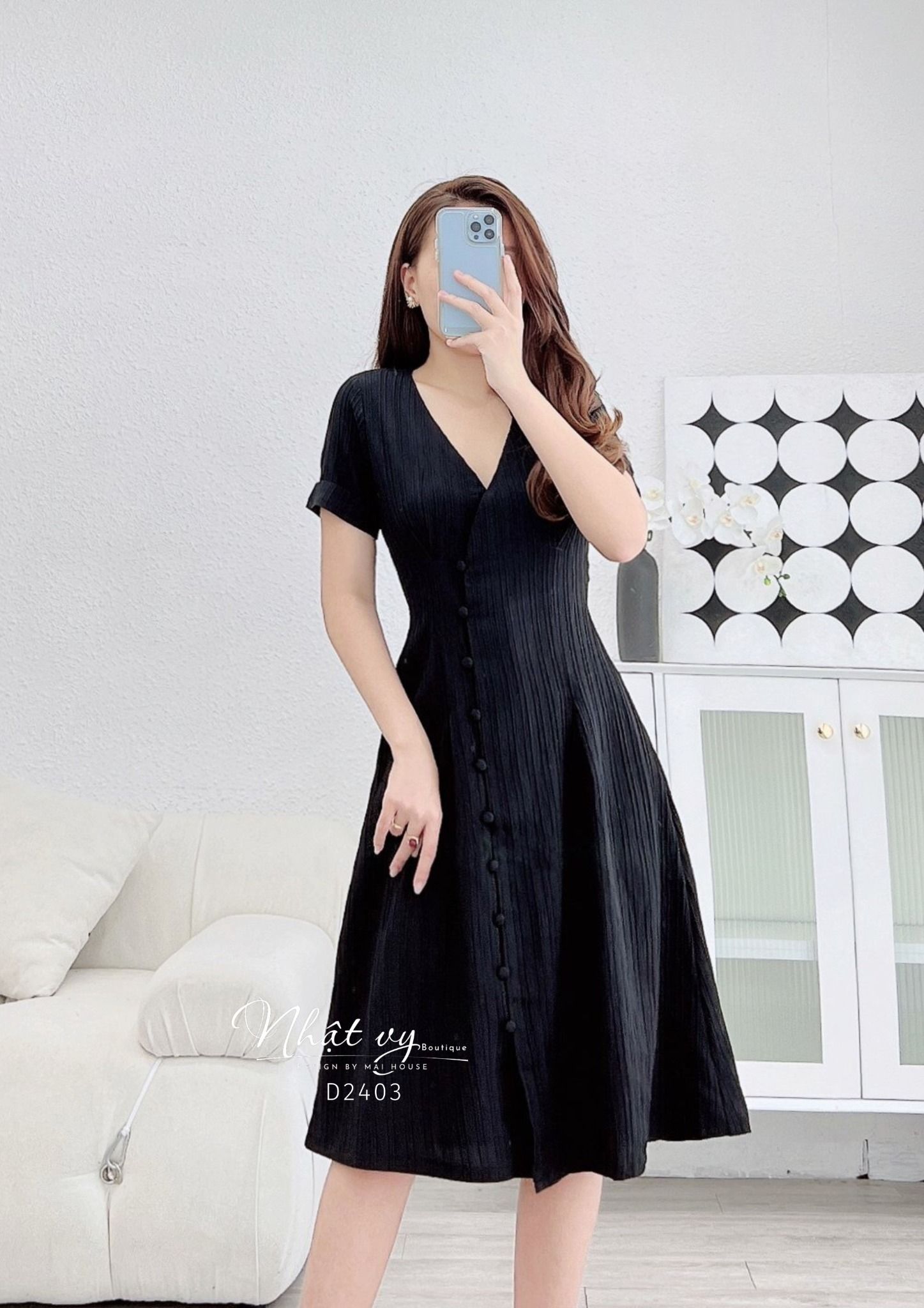 Đầm xốp cổ V dáng dài bo thun eo - D2403