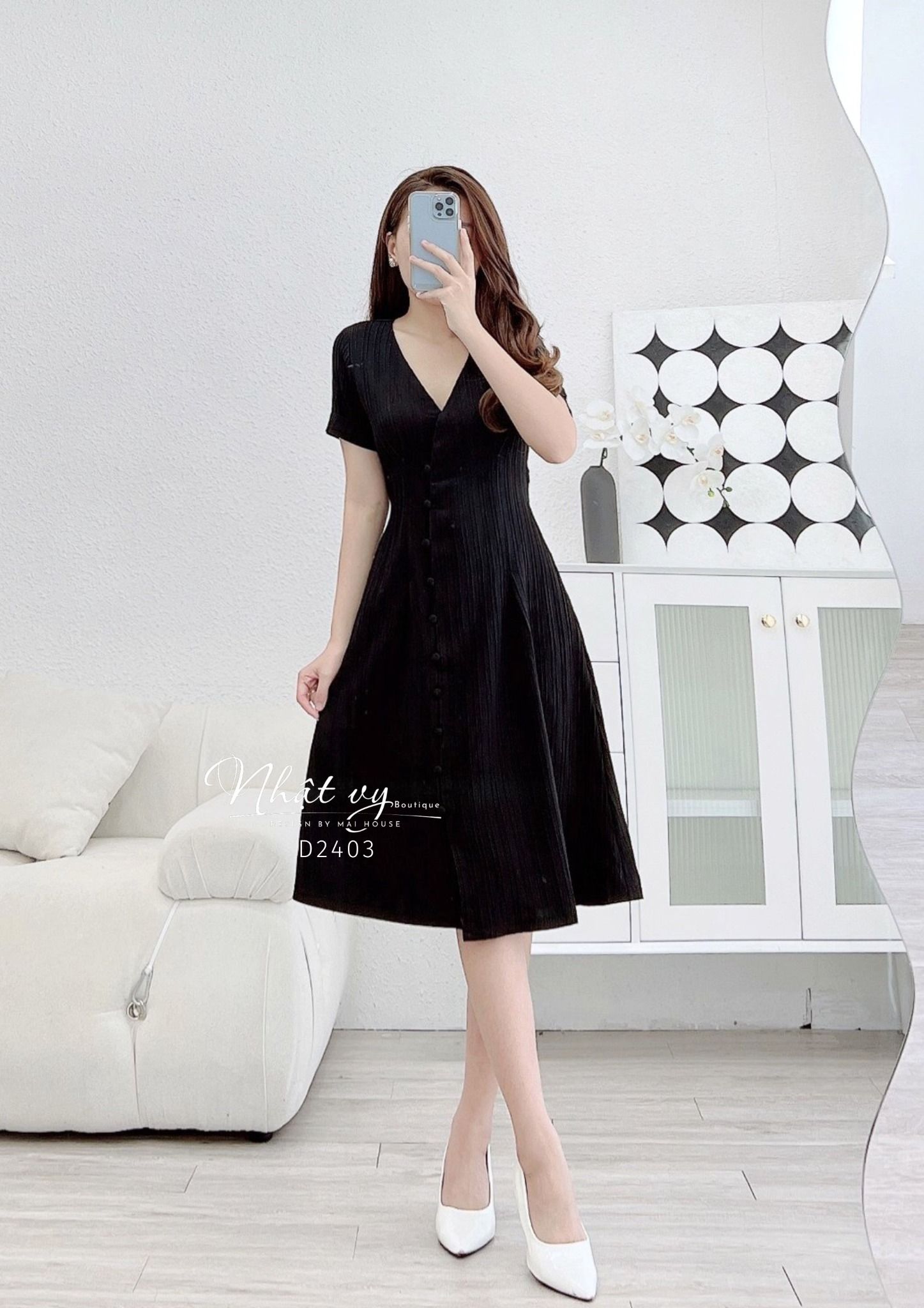 Đầm xốp cổ V dáng dài bo thun eo - D2403