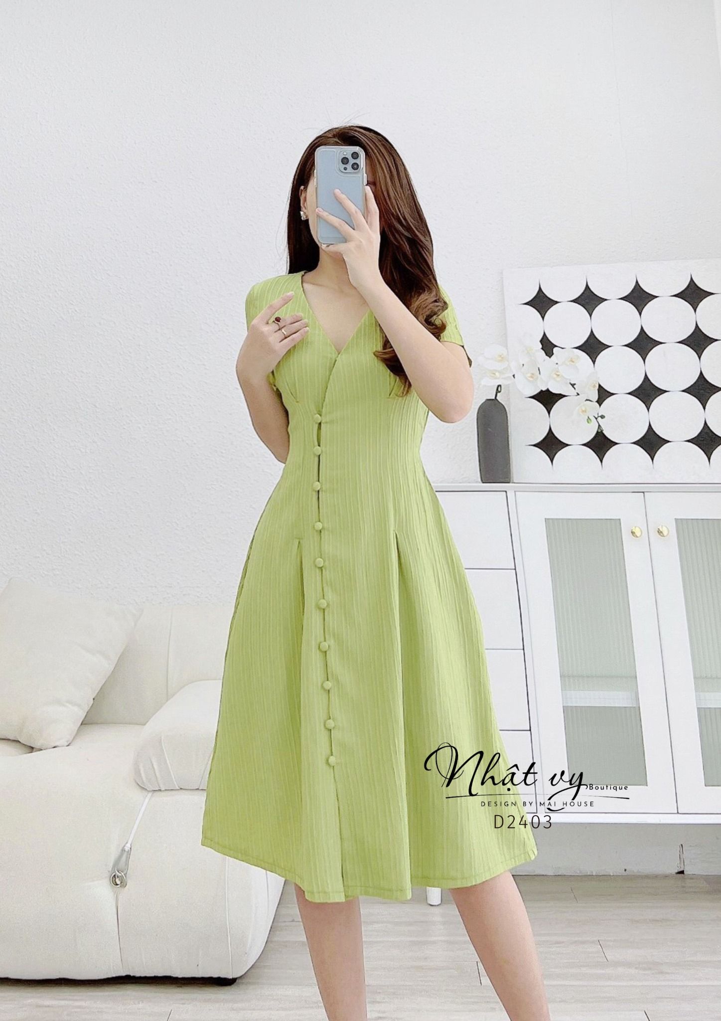 Đầm xốp cổ V dáng dài bo thun eo - D2403