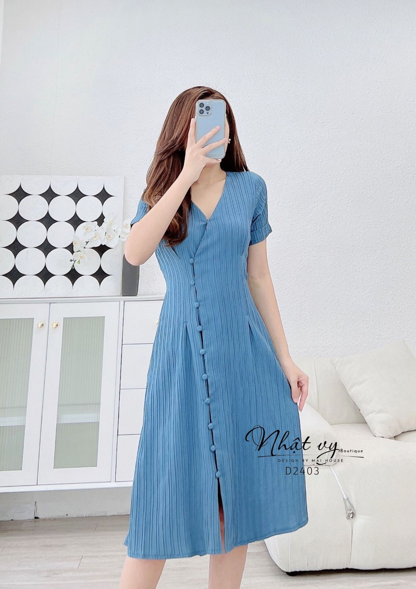 Đầm xốp cổ V dáng dài bo thun eo - D2403