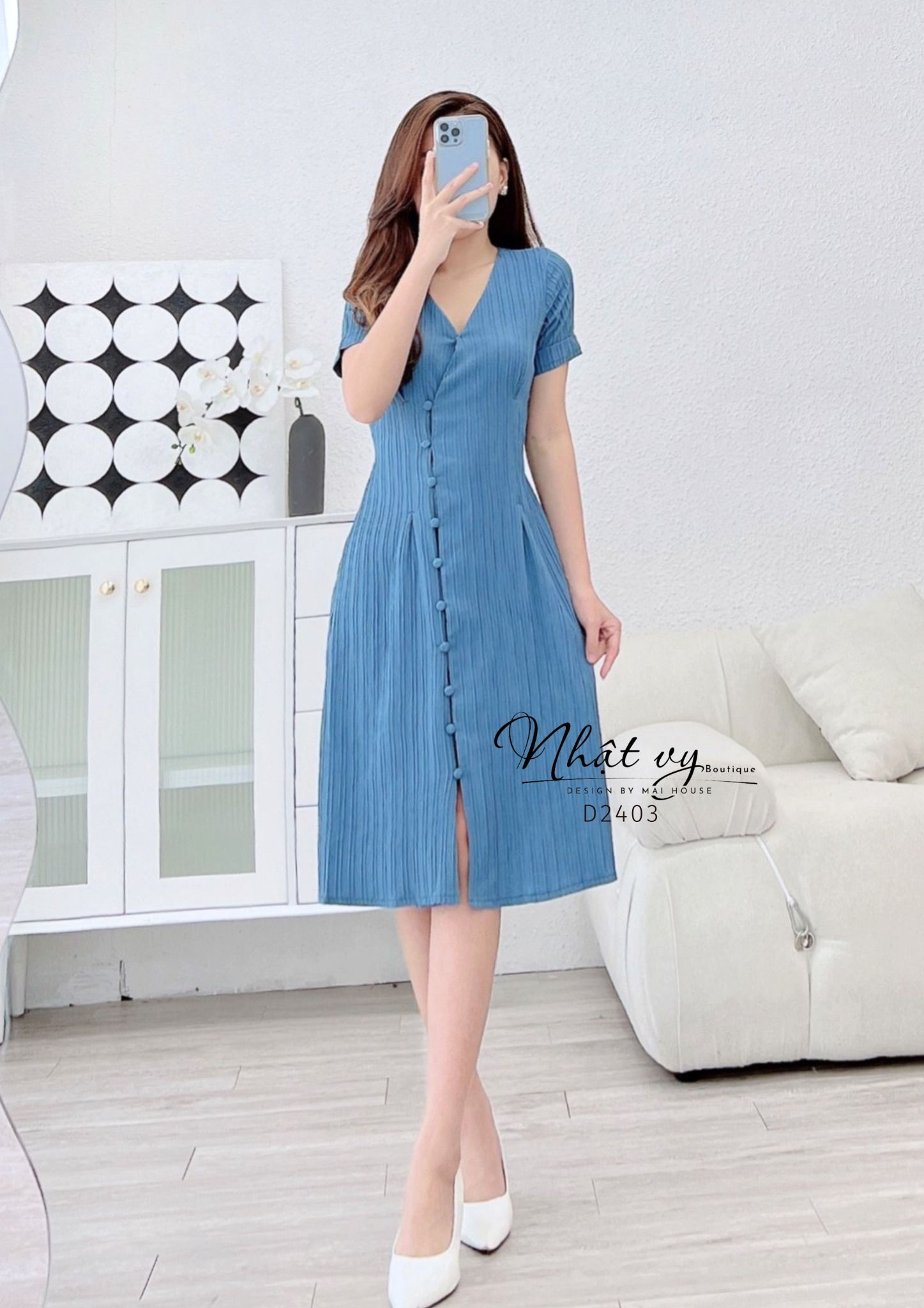 Đầm xốp cổ V dáng dài bo thun eo - D2403