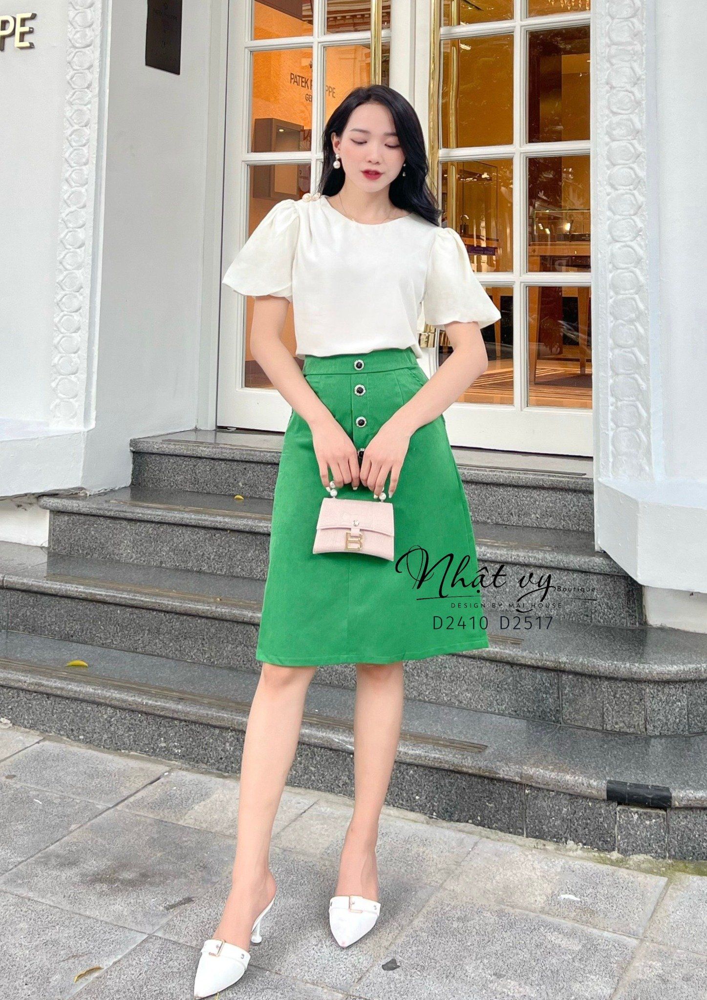 Chân váy chữ A đính nút bọc - D2517
