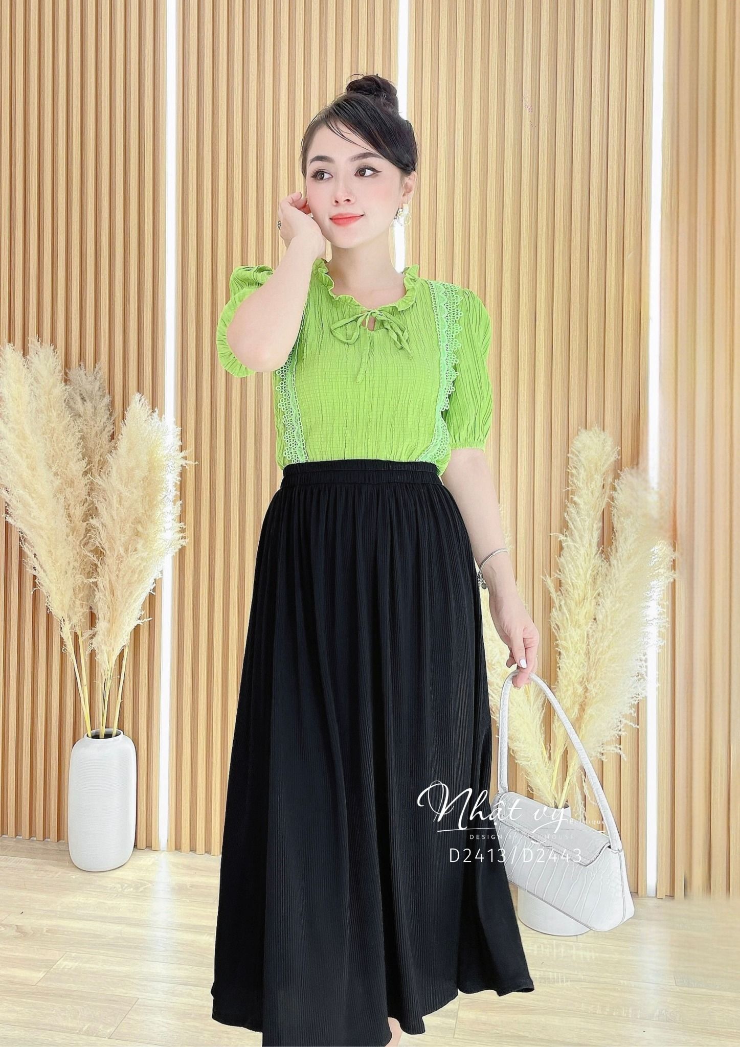 Áo viền ren dọc thắt nơ tay bo thun - D2413