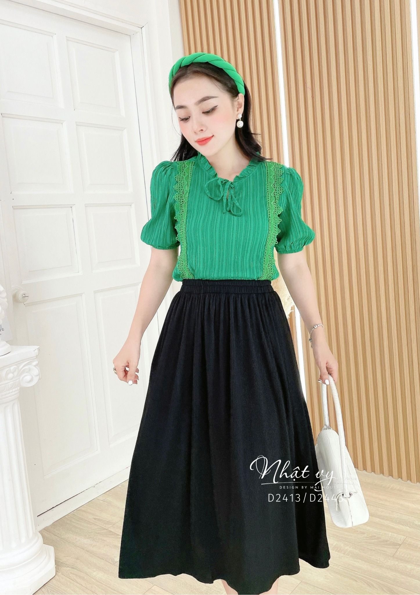 Áo viền ren dọc thắt nơ tay bo thun - D2413
