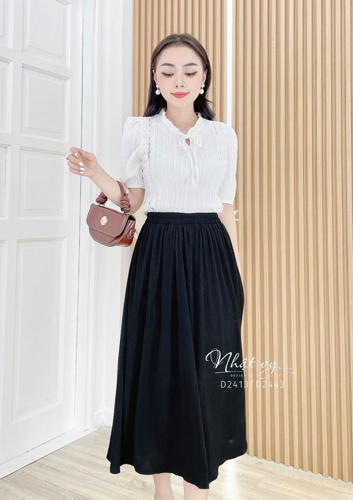 Áo viền ren dọc thắt nơ tay bo thun - D2413