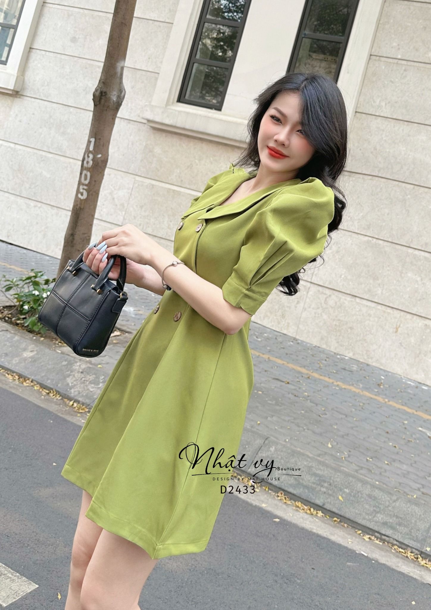 Đầm cổ V dáng ôm tay phồng phối cúc giả - D2433