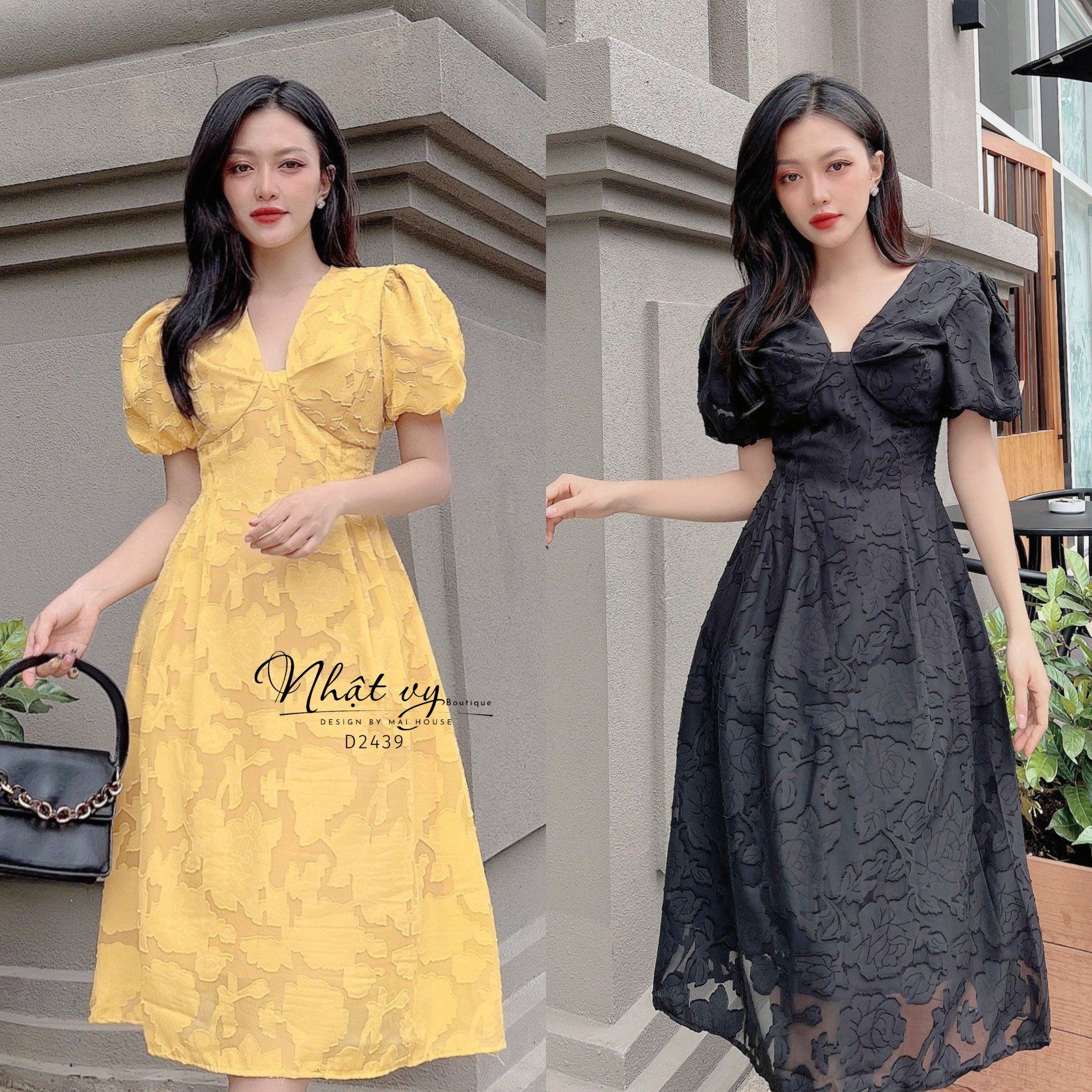 Đầm hoa tay phồng thiết kế cổ V tôn dáng - D2439