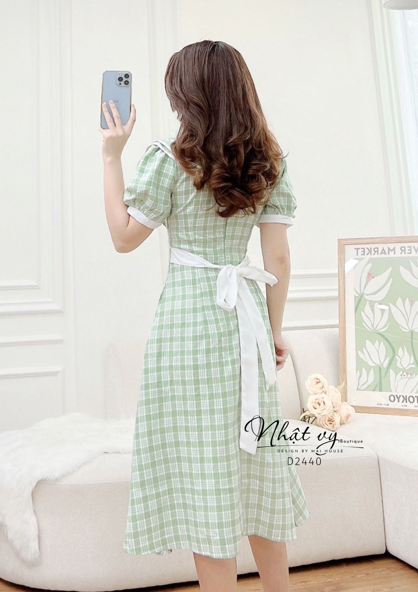 Đầm caro cổ tim bèo 2 tầng phối dây eo - D2440