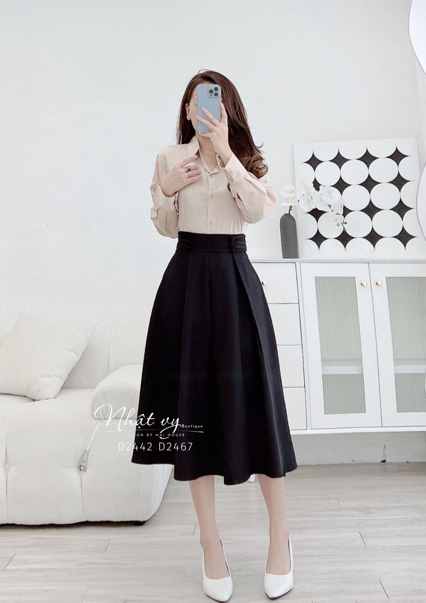 Chân váy dáng dài phối cúc dập ly - D2467