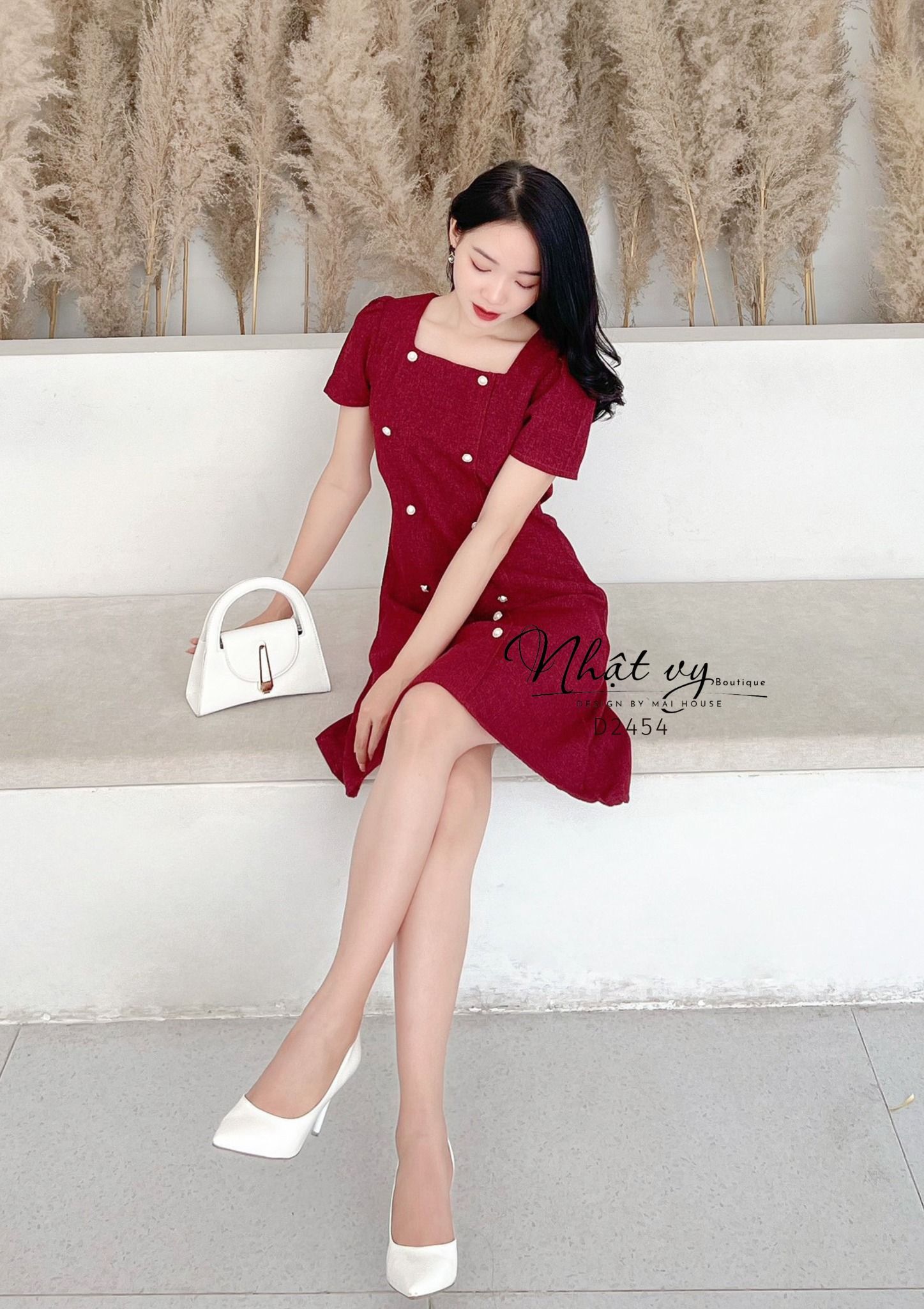 Đầm dáng suông cổ vuông đính cúc giả - D2454