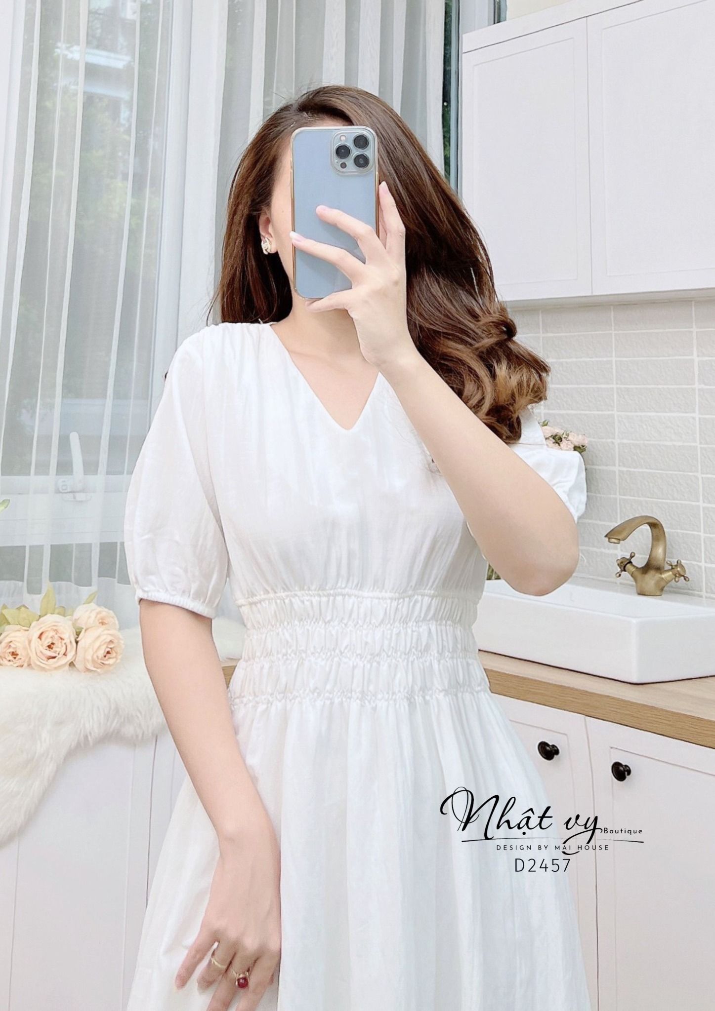 Đầm tay phồng cổ V kiểu dáng bo chun - D2457