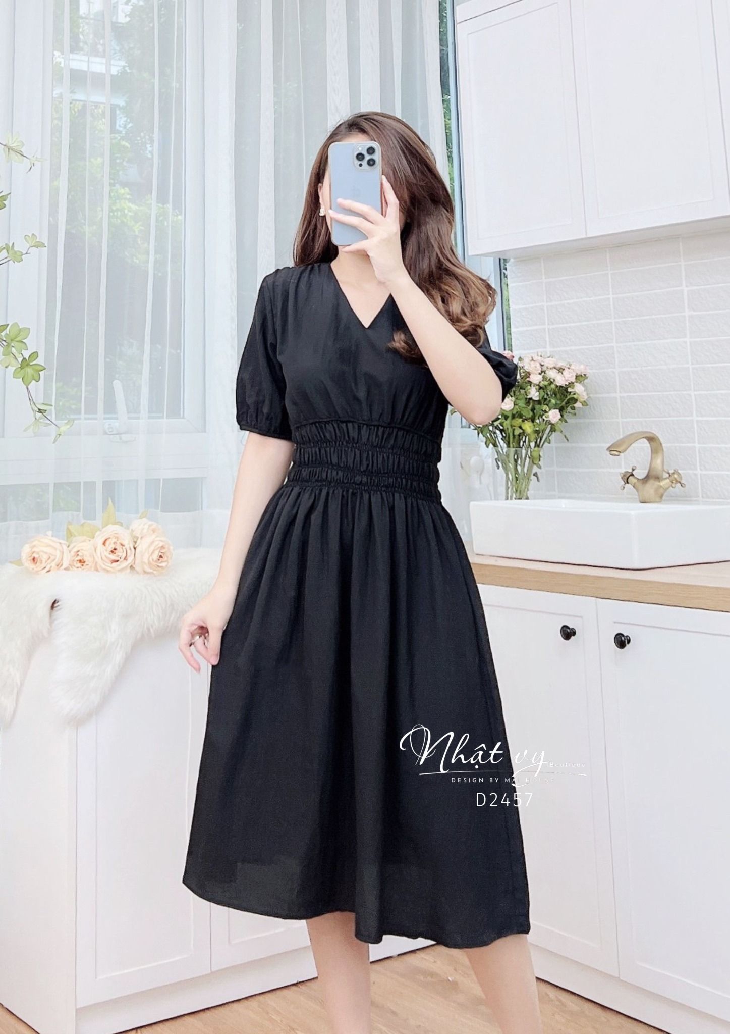 Đầm tay phồng cổ V kiểu dáng bo chun - D2457