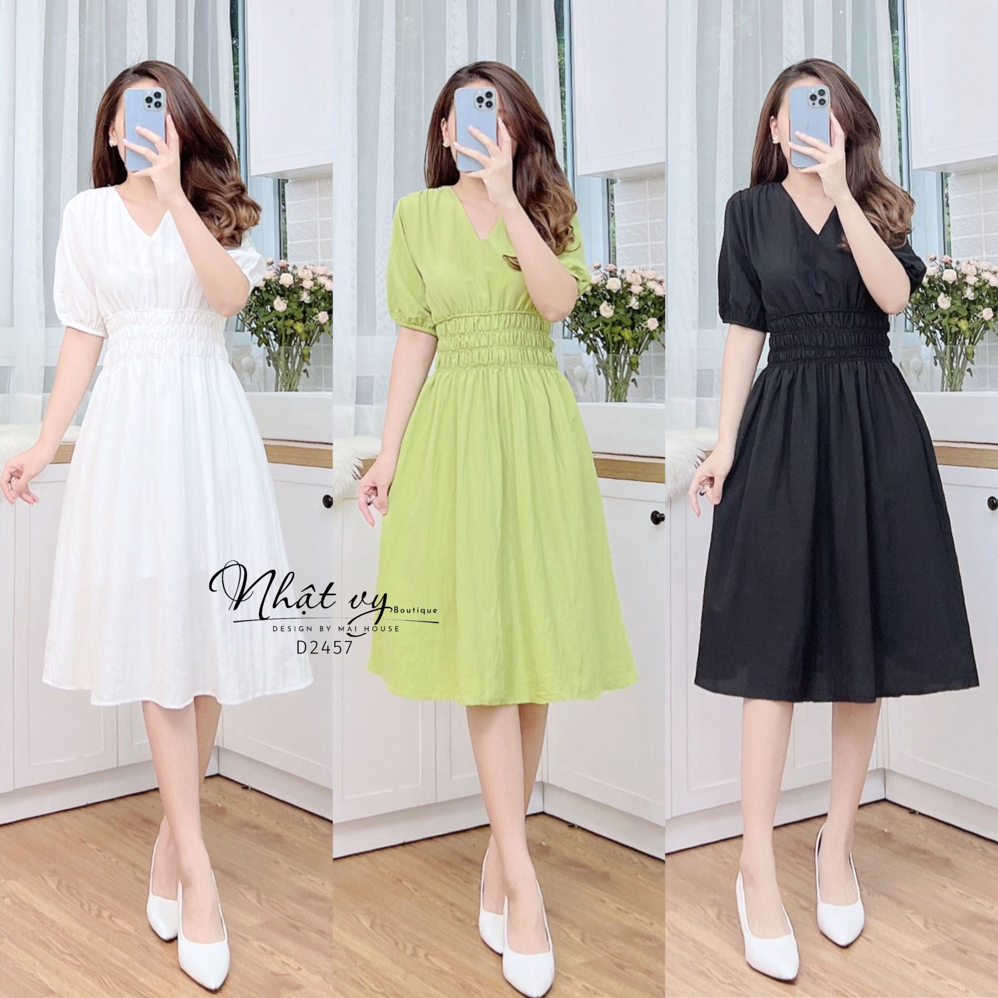Đầm tay phồng cổ V kiểu dáng bo chun - D2457